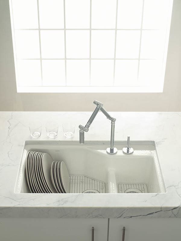 Kohler K 6411 2k 0 White Indio 33 Double Basin Under Mount Enameled Kohler K 6411 2k 0 White Indio 33 Double Basin Under Mount Enameled Cast Iron Kitchen Sink With Smart Divide Faucet Com