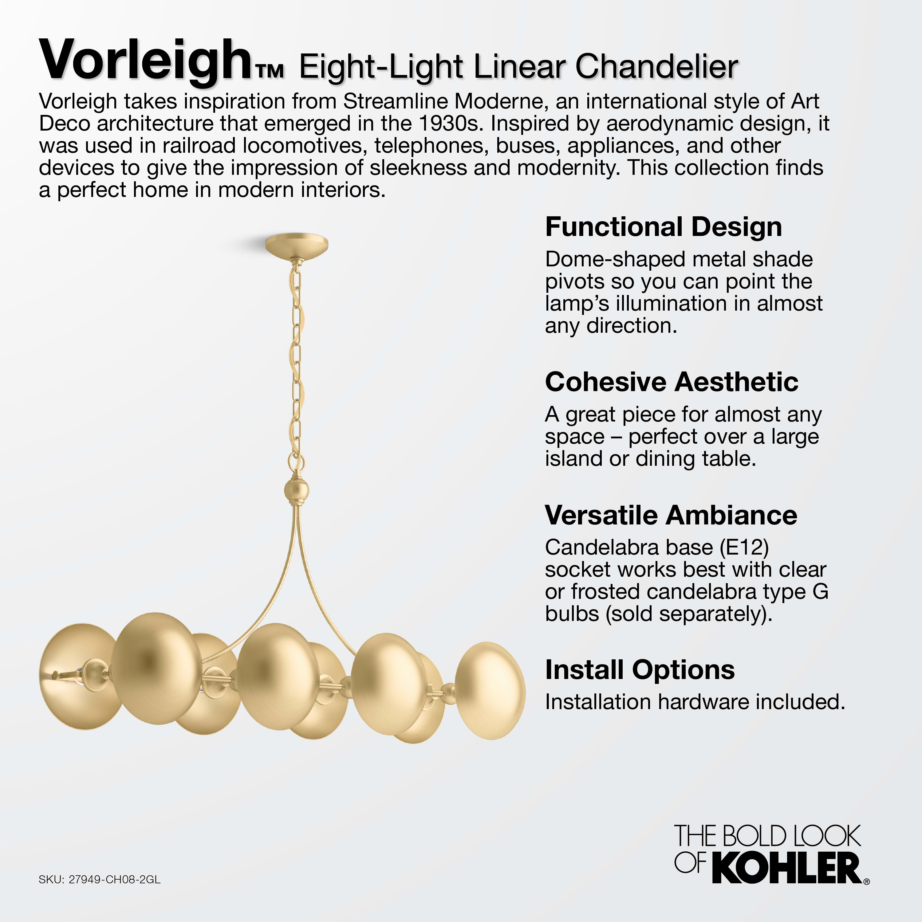 KOHLER Vorleigh 8-Light Polished Nickel Linear Chandelier
