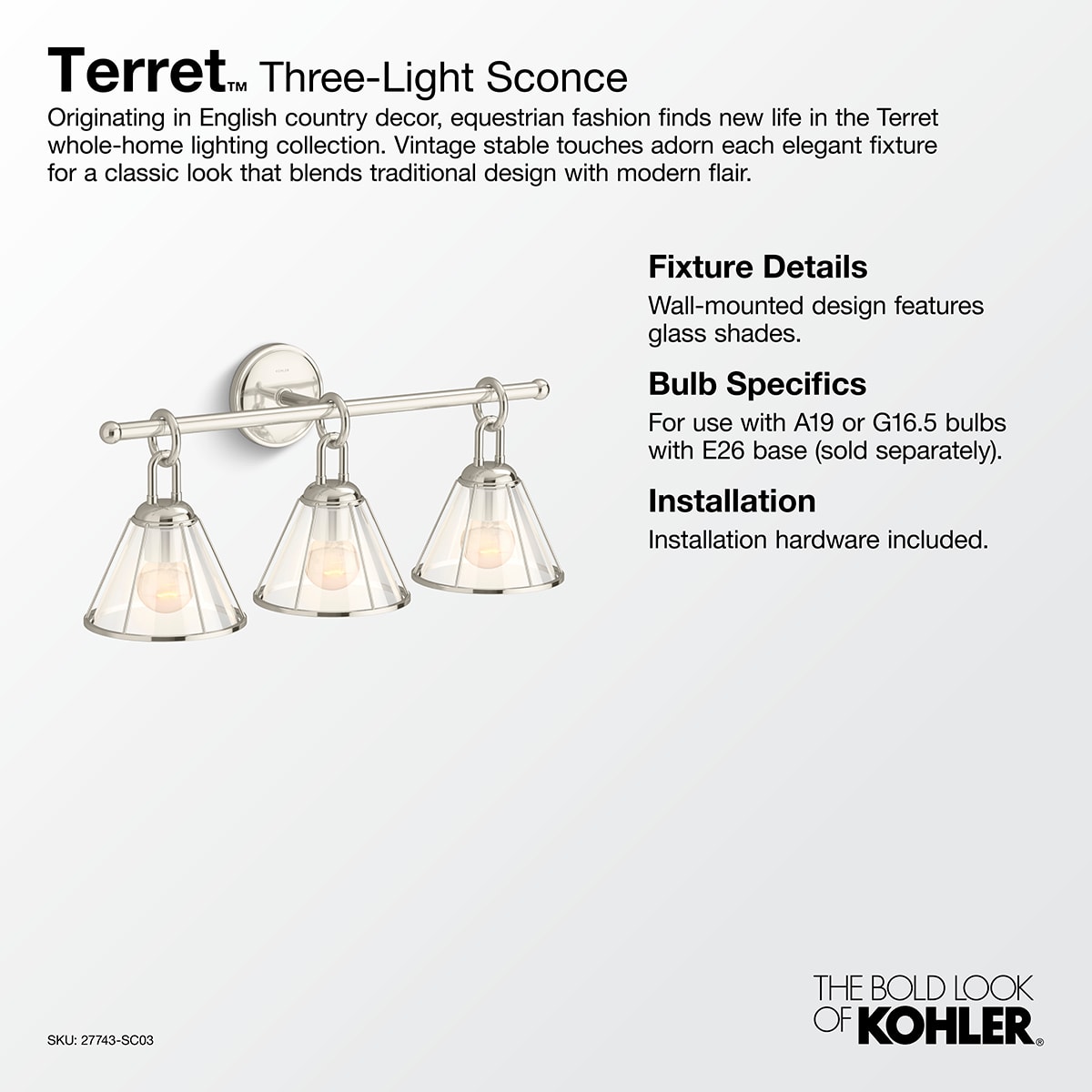 KOHLER Terret 3-Light Polished Nickel Wall Sconce