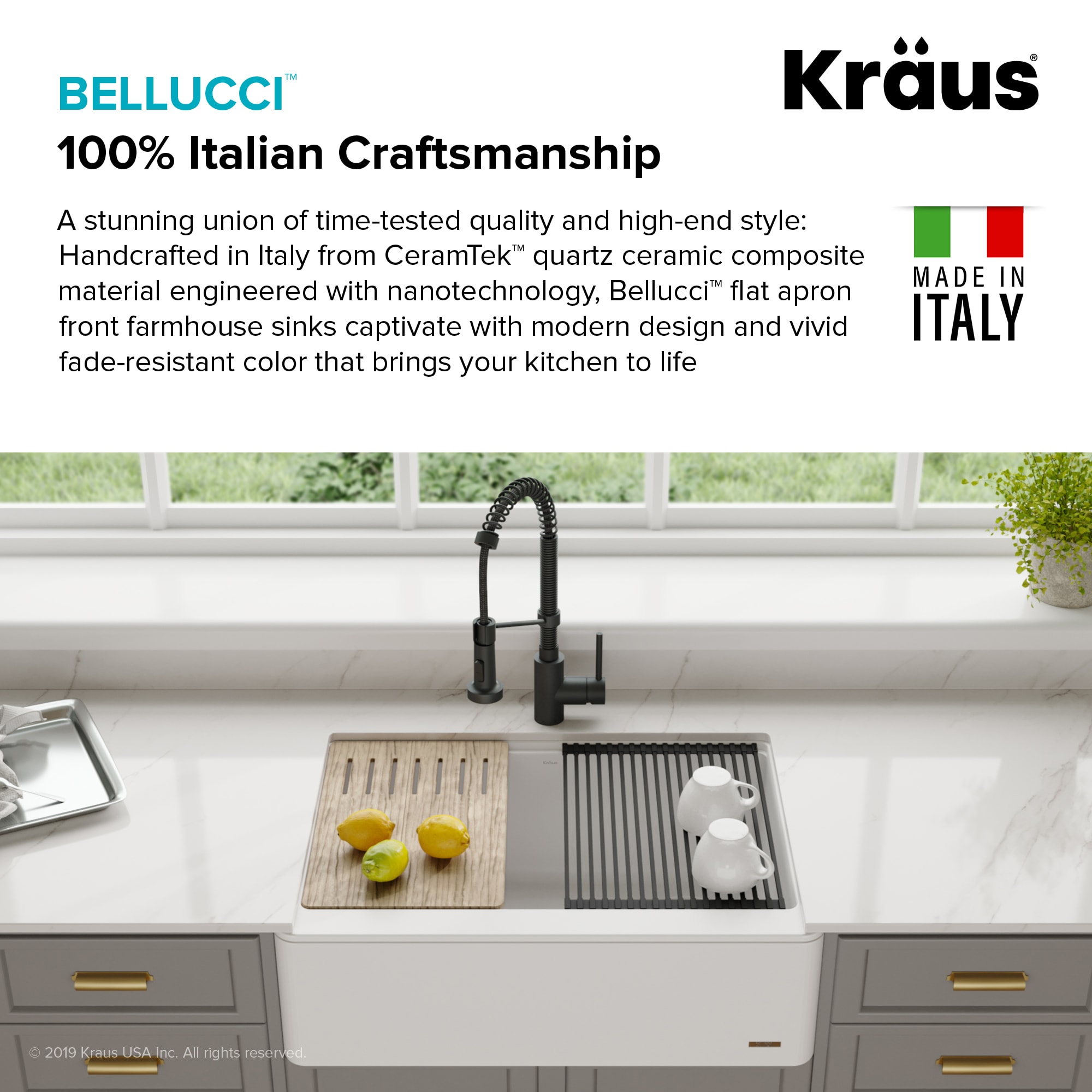 KRAUS Bellucci 33-inch Granite Quartz Composite Farmhouse Flat Apron Front  Single Bowl Kitchen Sink with CeramTek in White 