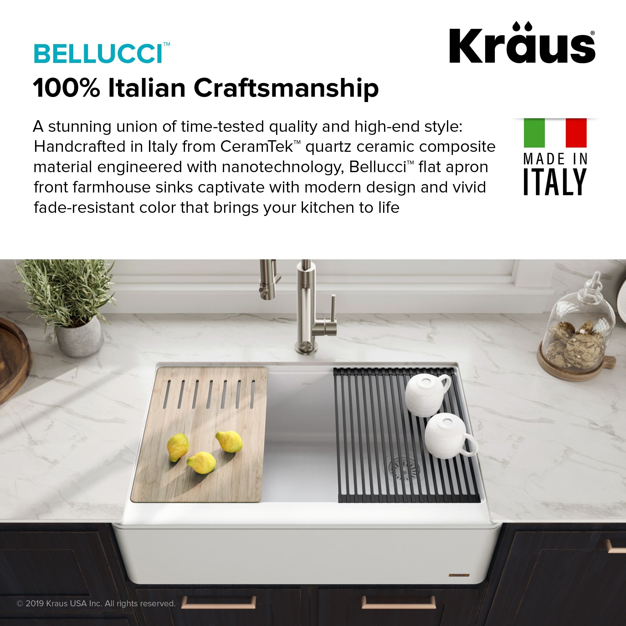 KRAUS Bellucci 33-inch Granite Quartz Composite Farmhouse Flat Apron Front  Single Bowl Kitchen Sink with CeramTek in White 