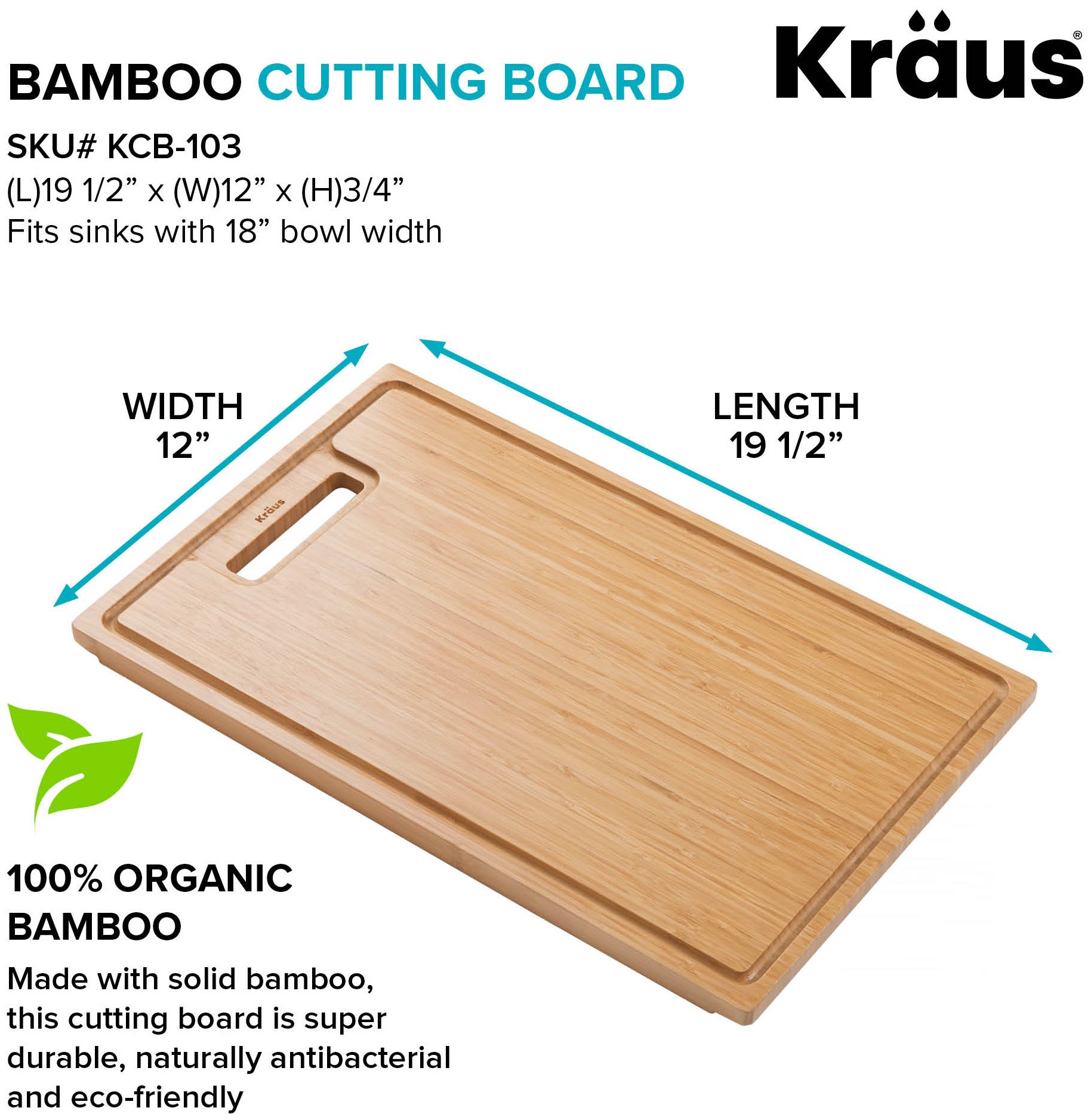 Kraus 19-1/2 Inch Length x 12 Inch Width Solid Bamboo Cutting Board with  Mobile Device Holder for Standard Kitchen Sink or Countertop KCBT-103BB