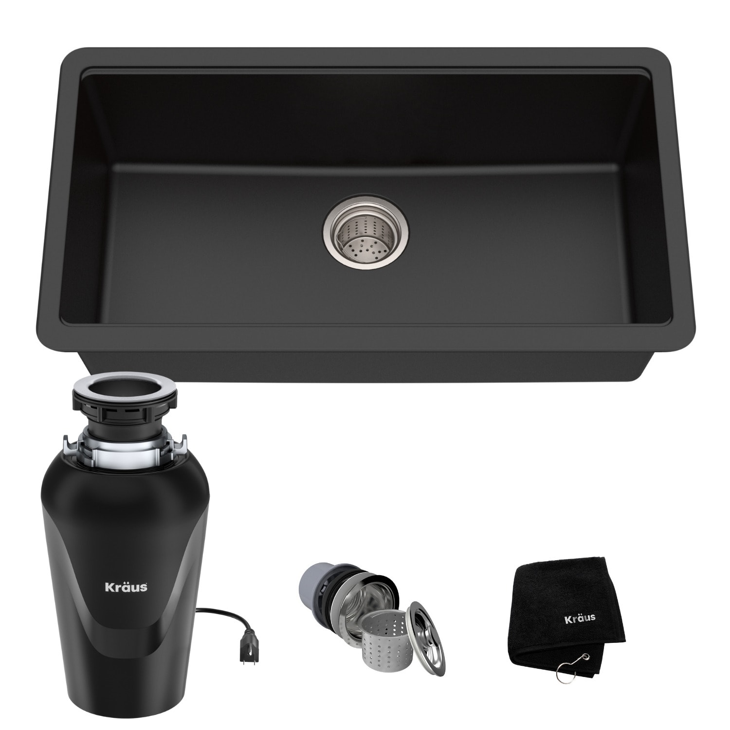 Kraus KGU-413B-100-75MB Black Onyx Quarza 30-1/2 Undermount Single Basin  Granite Kitchen Sink with Basket Strainer and Garbage Disposal 