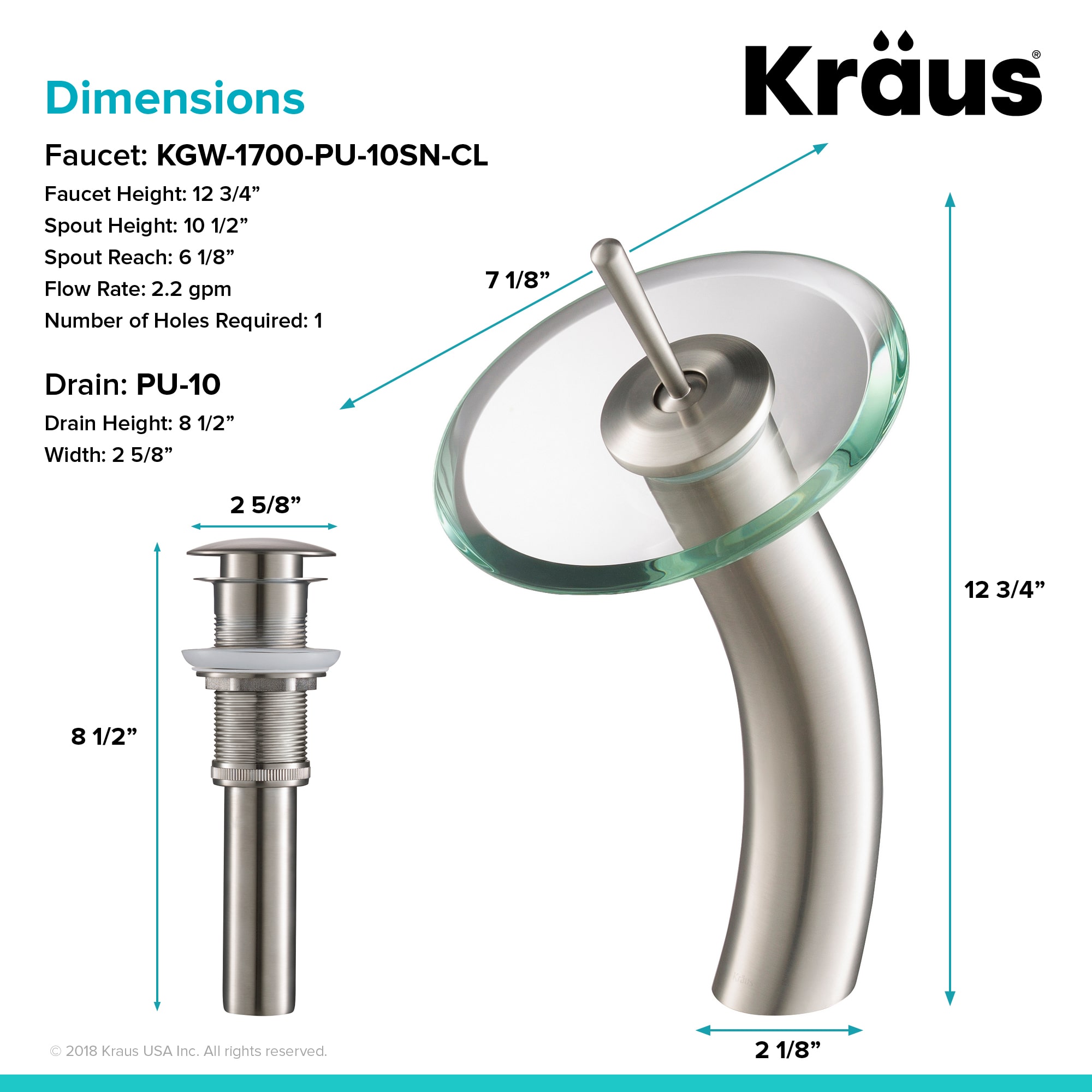 Kraus Kgw 1700 Pu 10ch Cl Chrome Waterfall Single Hole Clear Glass