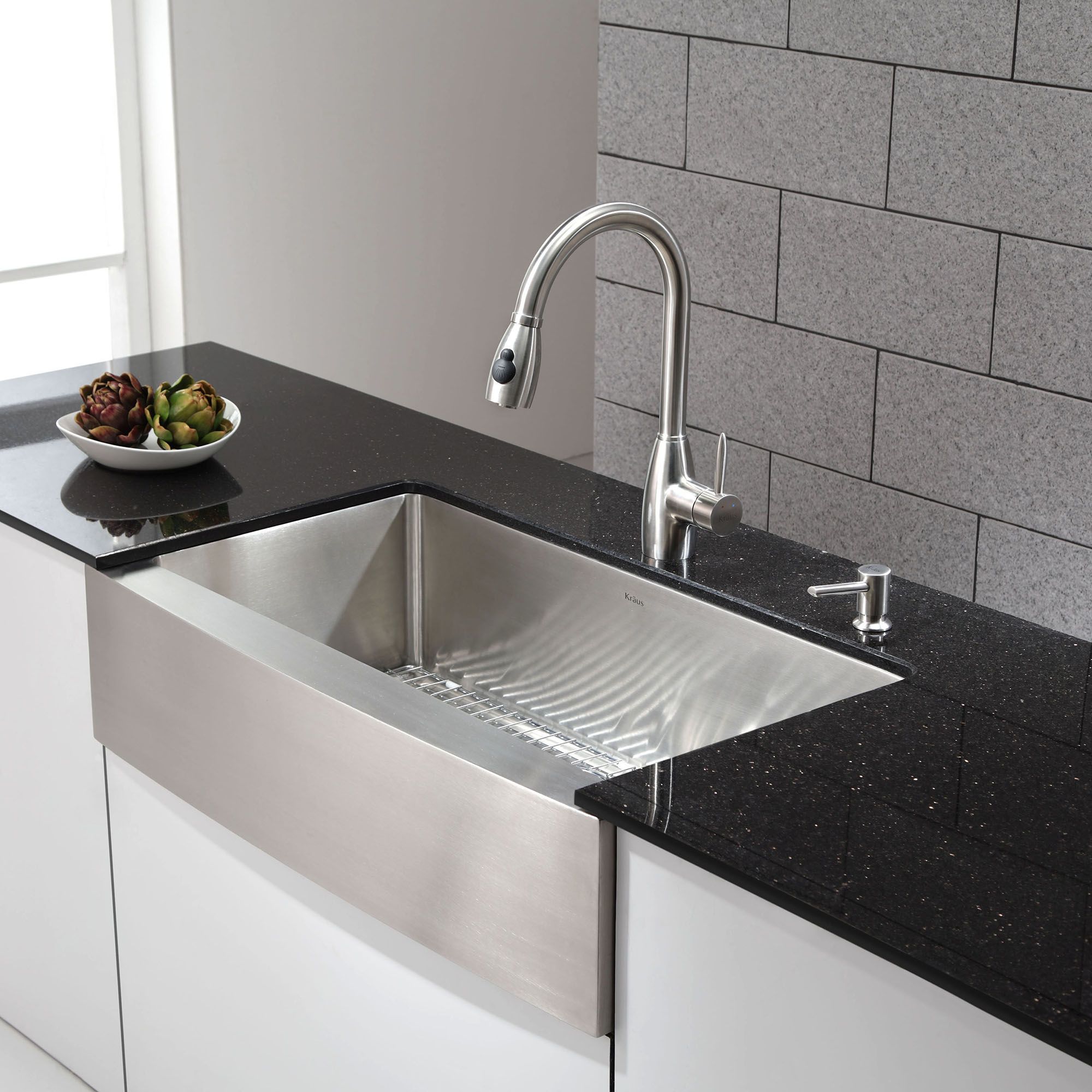 Kraus Khf200 36 Stainless Steel 35 7 8 Single Basin 16 Gauge Kraus Khf200 36 Stainless Steel 35 7 8 Single Basin 16 Gauge Kitchen Sink For Farmhouse Installations With A Front Rack And