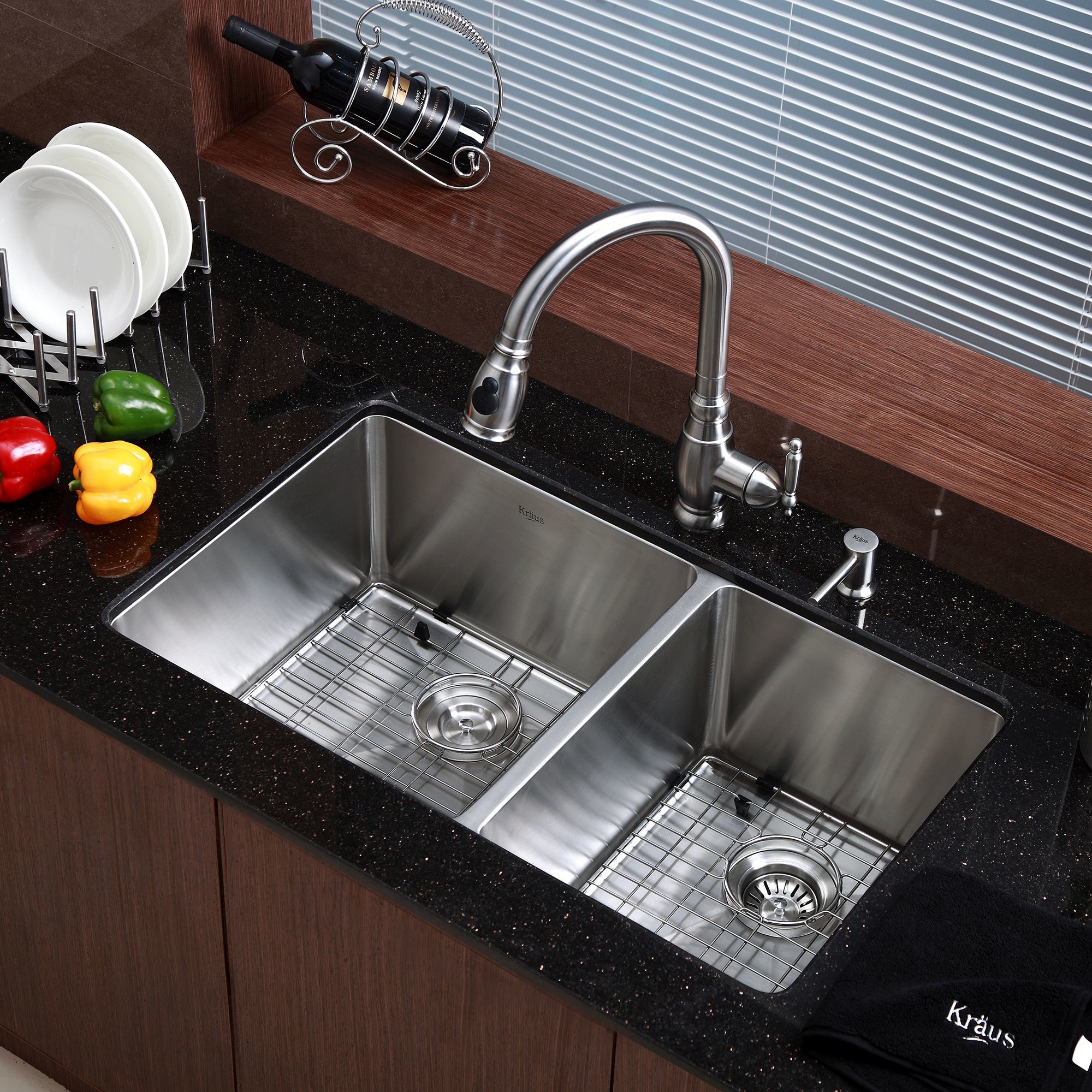 Kraus Khu103 33 Stainless Steel 32 3 4 Double Basin 16 Gauge Kraus Khu103 33 Stainless Steel 32 3 4 Double Basin 16 Gauge Kitchen Sink For Undermount Installations With 60 40 Split Racks And