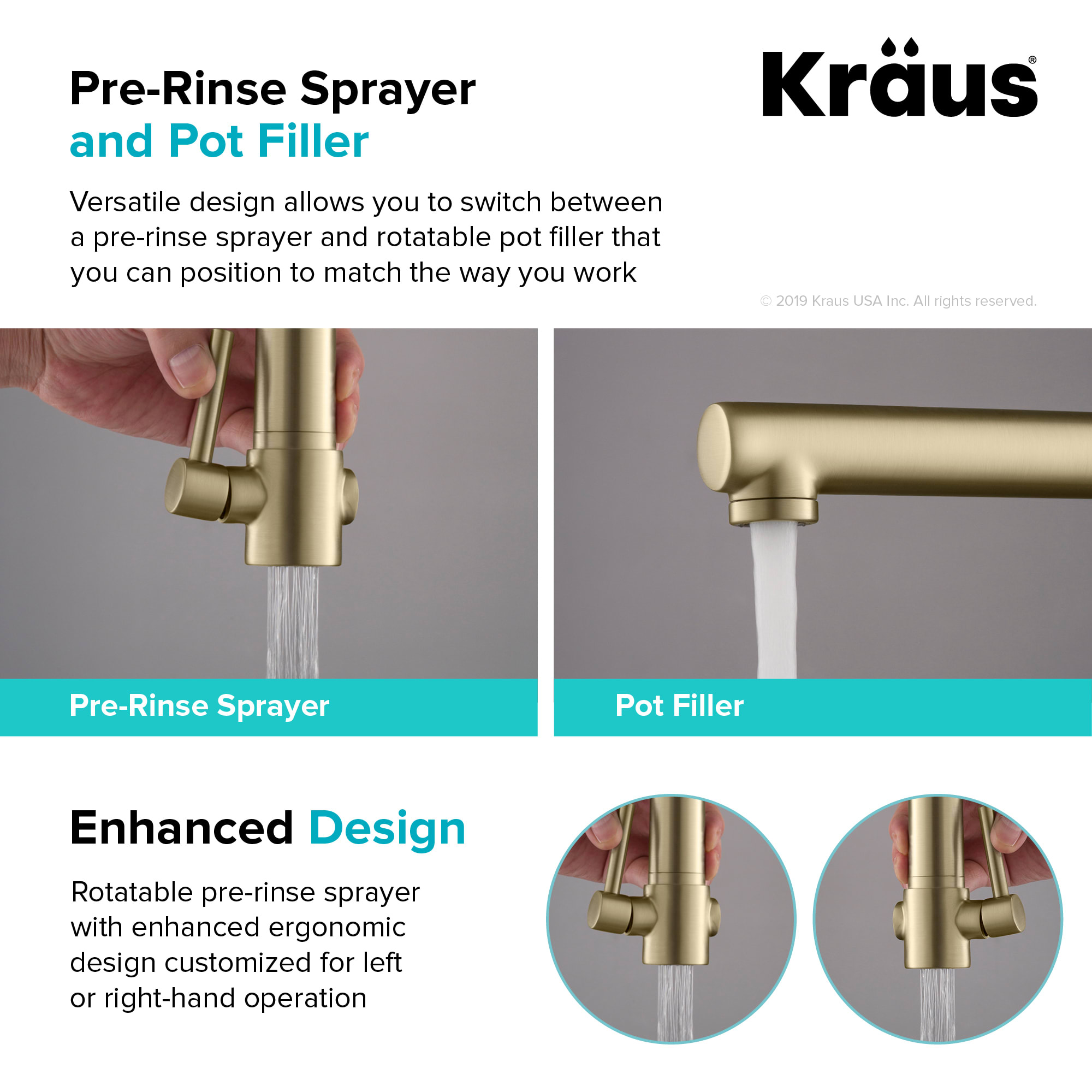 Kraus KPF-1603BG Brushed Gold Artec Pro 2-Function Commercial Style  Pre-Rinse Kitchen Faucet with Pull-Down Spring Spout and Pot Filler 