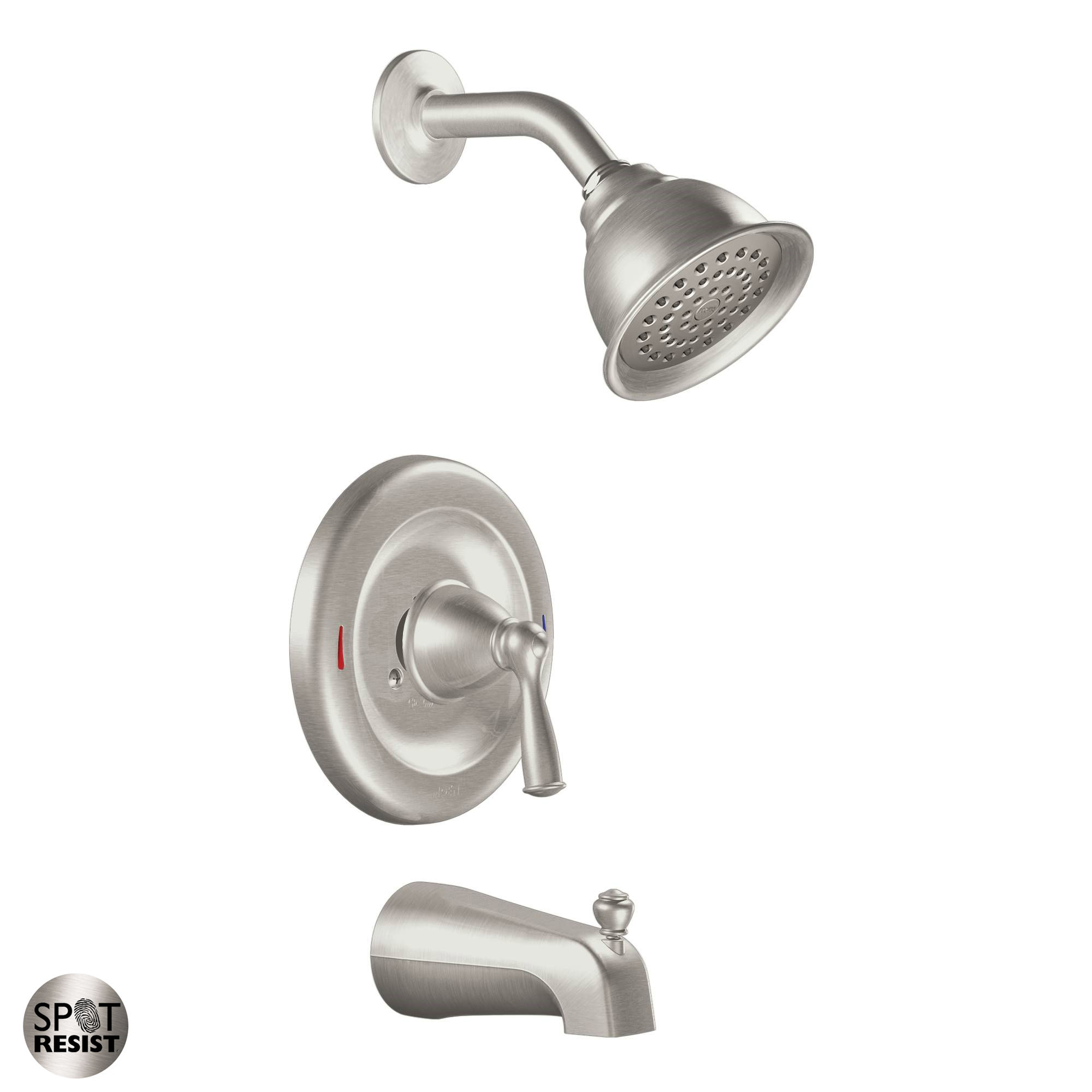 Moen 82910srn Spot Resist Brushed Nickel Single Handle Posi Temp Tub And Shower Valve Trim With Single Function Shower Head From The Banbury Collection Valve Included Faucet Com