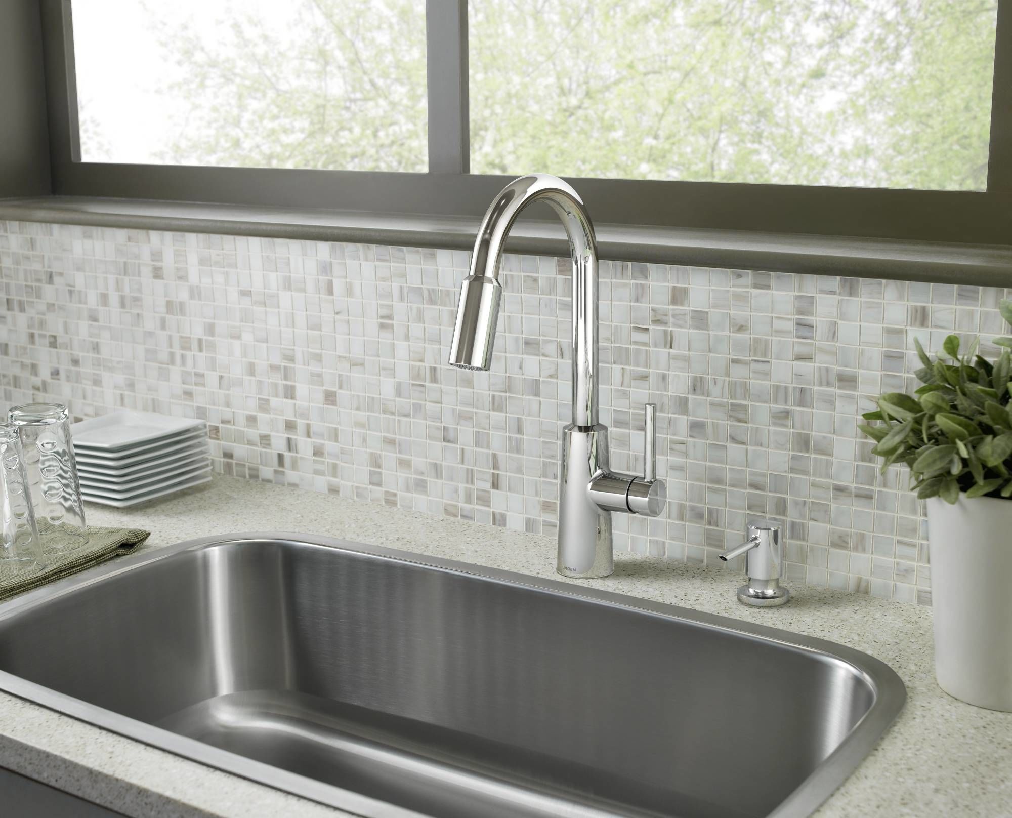 Moen 87066 Chrome Pullout Spray High Arc Kitchen Faucet With Soap Moen 87066 Chrome Pullout Spray High Arc Kitchen Faucet With Soap Dispenser And Reflex Technology From The Nori Collection Com