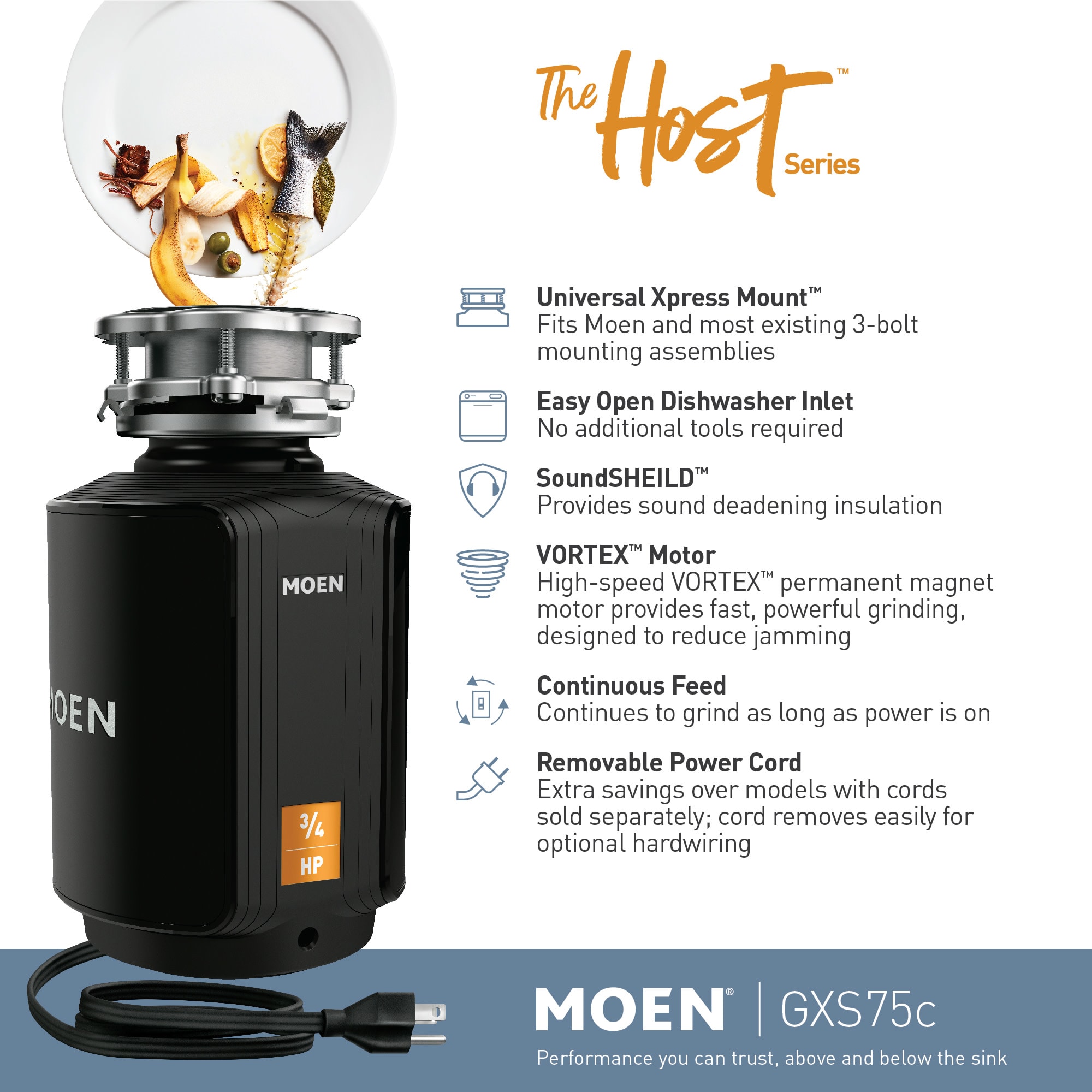 Moen GXS75C Stainless Steel GX 3/4 HP Continuous Garbage Disposal with  SoundSHIELD Technology, Vortex Motor and Power cord included. 