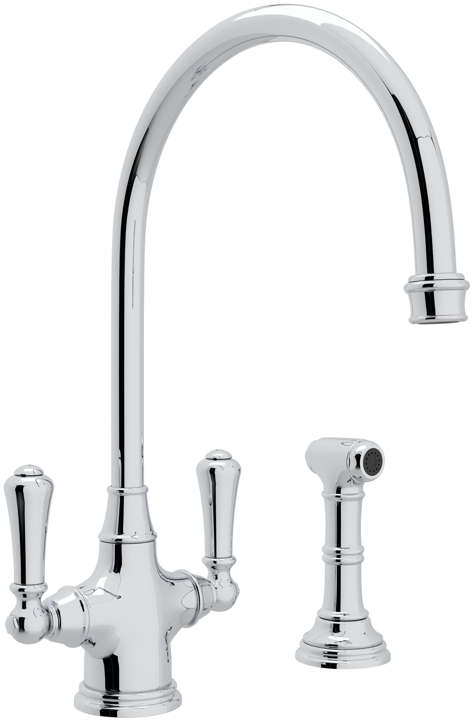 Perrin & Rowe Georgian Era Bridge Kitchen Faucet with Sidespray -  Unlacquered Brass with Metal Lever Handle