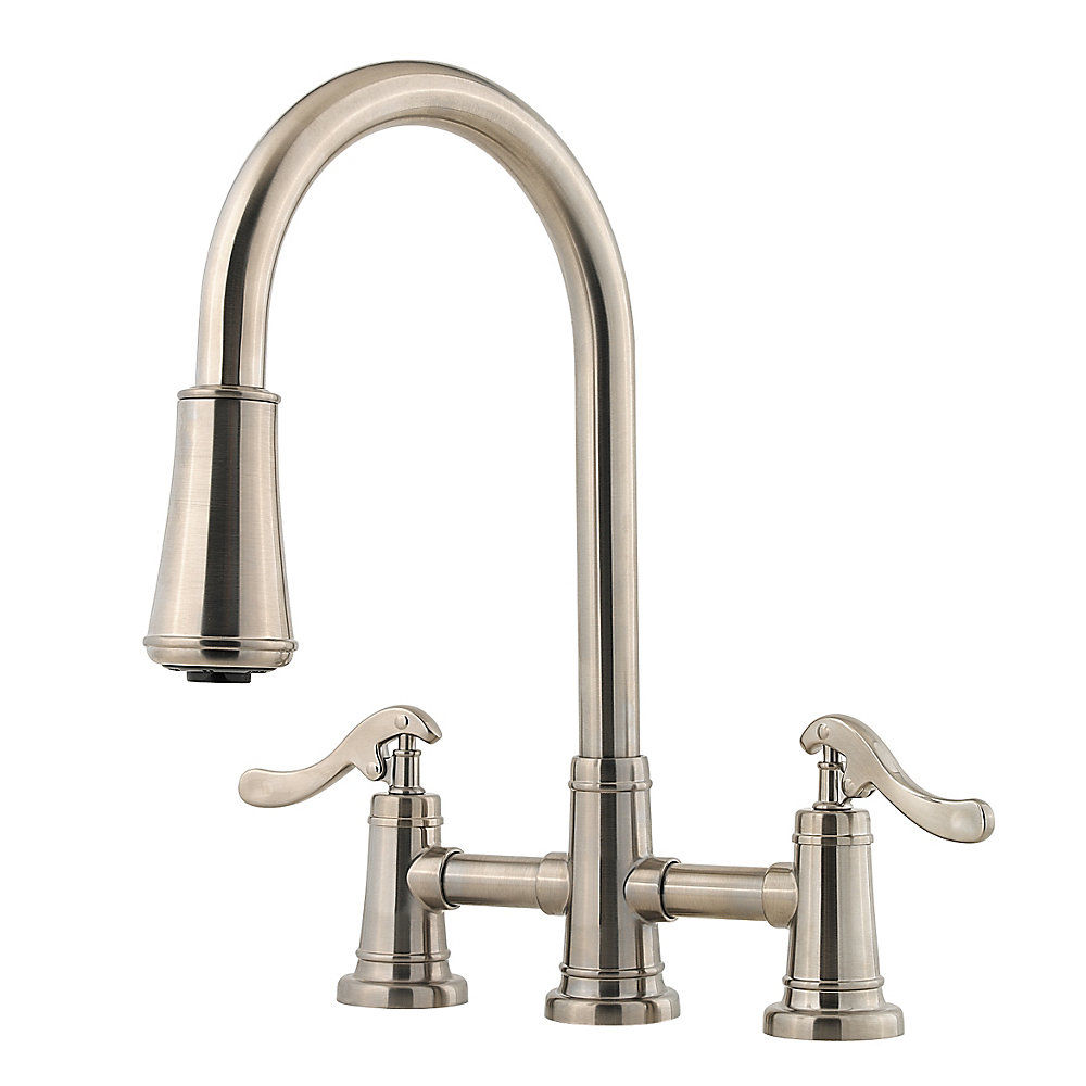 Pfister Lg531 Ypk Brushed Nickel Ashfield 2 Handle Pull Down Kitchen Faucet With Accudock Sprayhead Flex Line Supply Lines And Pfast Connect Technologies Faucetdirect Com