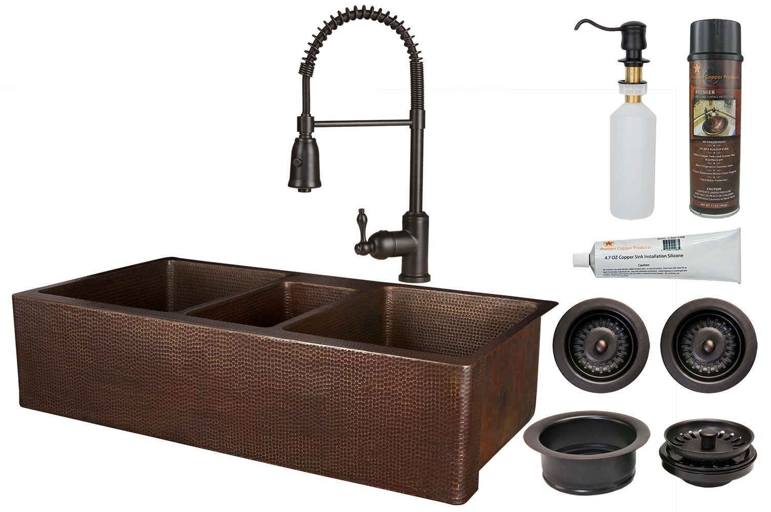 Premier Copper Products Ksp4 Katdb422210 Oil Rubbed Bronze 42 Hammered Copper 40 20 40 Triple Basin Farmhouse Kitchen Sink With 1 8 Gpm Spring Pull Down Faucet Matching Drains And Soap Dispenser Faucetdirect Com