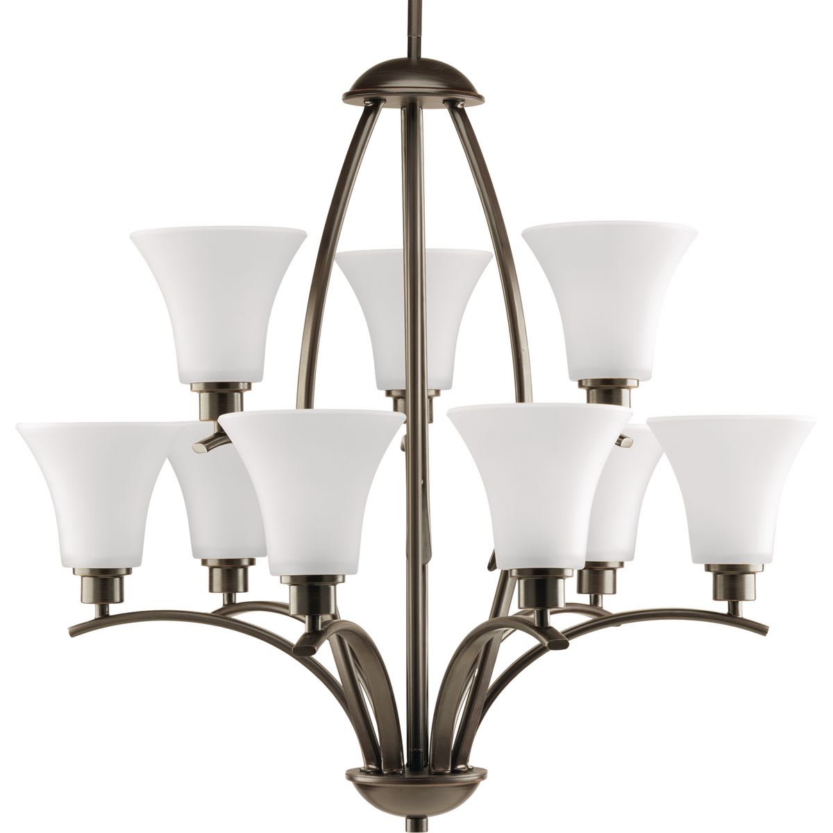Progress Lighting P4492 09 Brushed Nickel Joy 28 Wide 9 Light 2 Progress Lighting P4492 09 Brushed Nickel Joy 28 Wide 9 Light 2 Tier Chandelier With Bell Shades Lightingshowplace Com