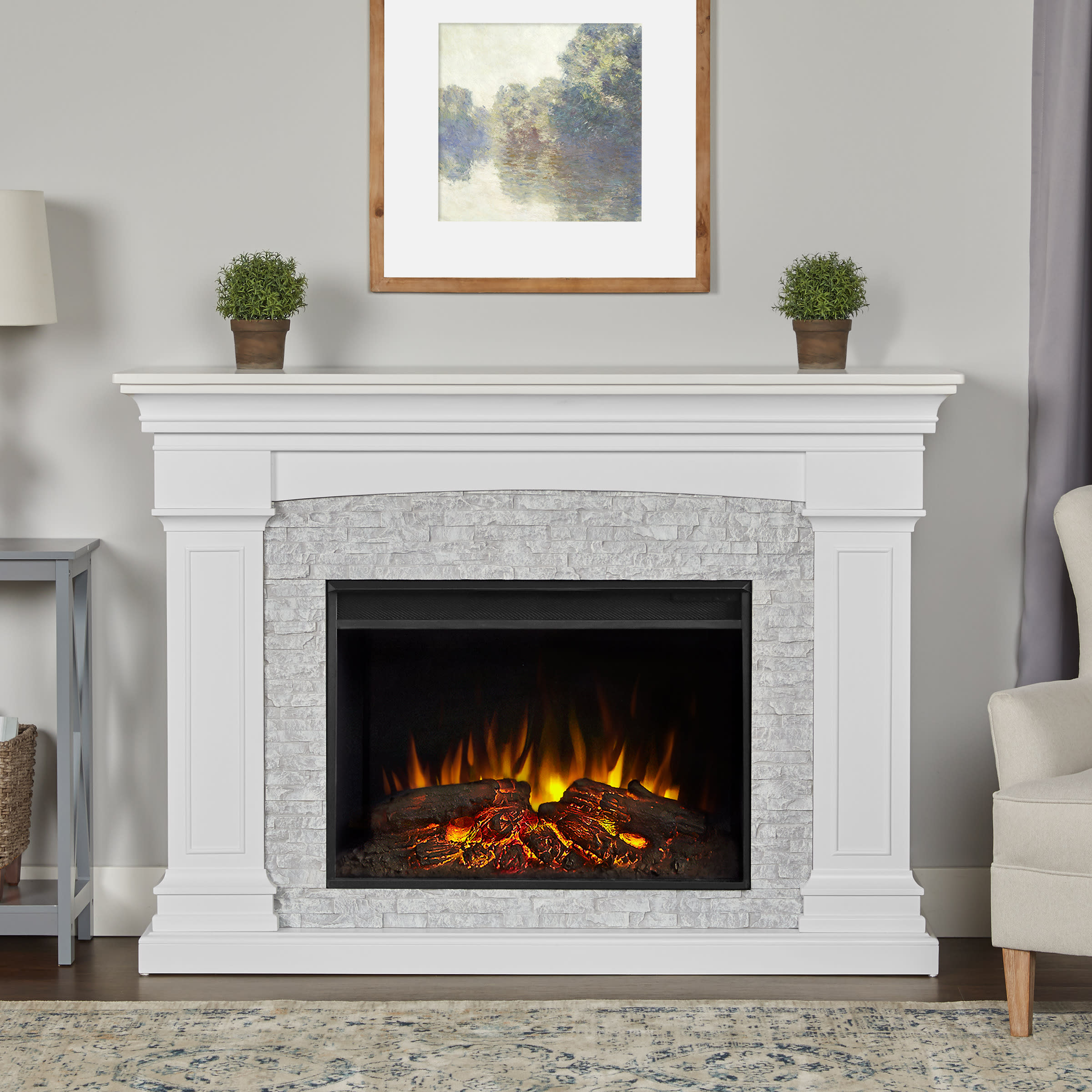 Real Flame 8290E-W White Deland 5000 BTU / 1500W 63 Inch Wide Free Standing  Vent-Free Electric Mantel Fireplace with Remote Control - VentingDirect.com