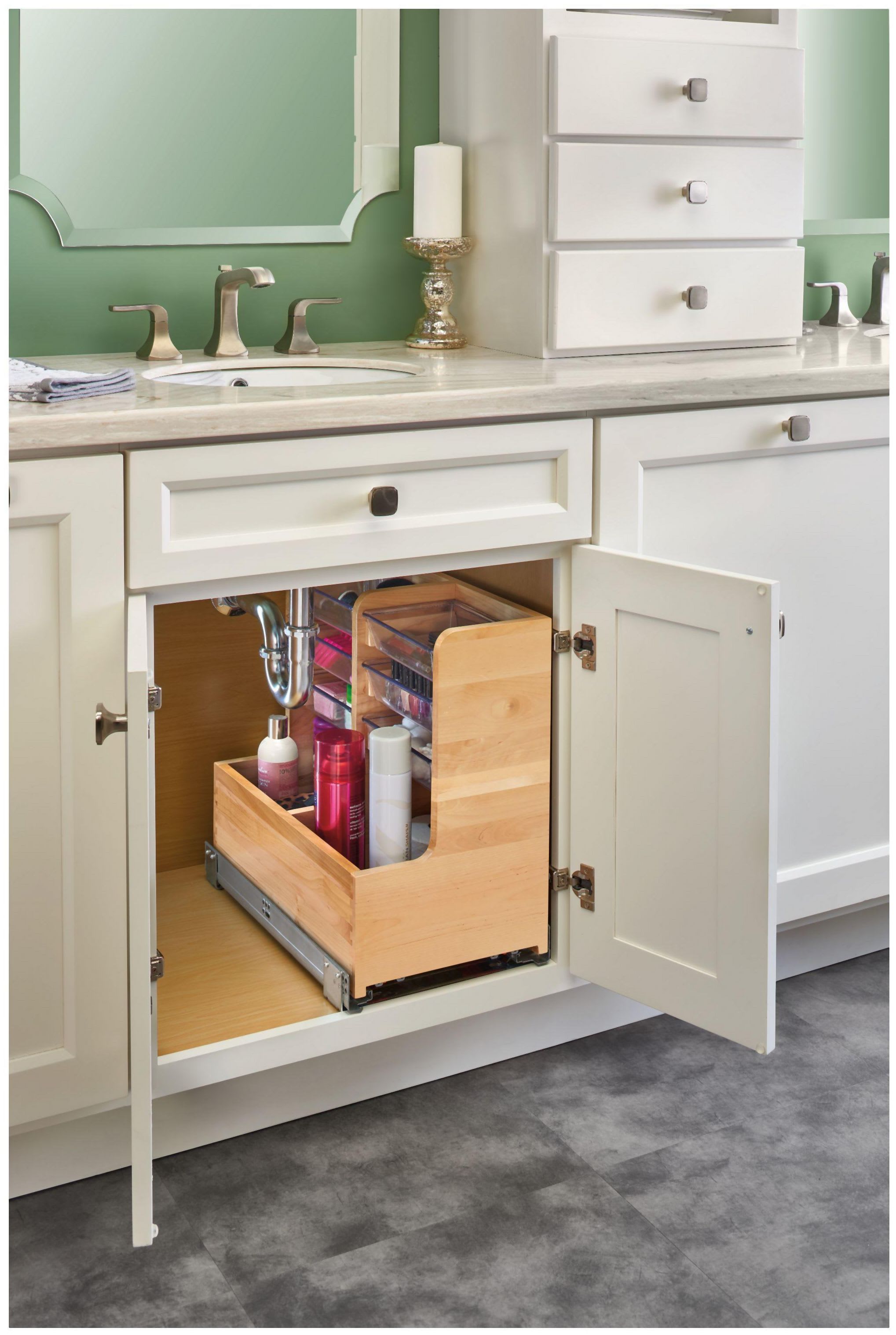 Rev-A-Shelf 8-3/4 Inch Width L-Shape Reversible Under Sink Pull-Out  Organizer for 24 Inch Vanity Sink Base Cabinets, Natural, Min. Cabinet  Opening: 9-1/4W x 19-1/2D x 19-1/2H 441-12VSBSC-1