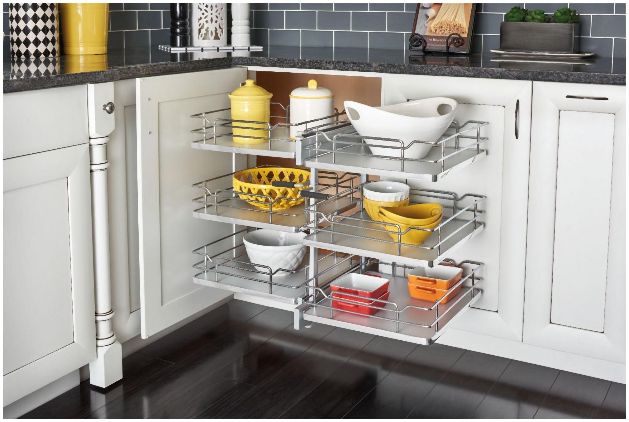 Rev-A-Shelf 26-1/4 Inch Width 3 Tier Pull Out Wire Bottom Mount Non-Handed  Blind Corner Organizer with Soft-Close, for 15 H Cabinet Opening,  Chrome/Gray 53PSP3-15SC-GR