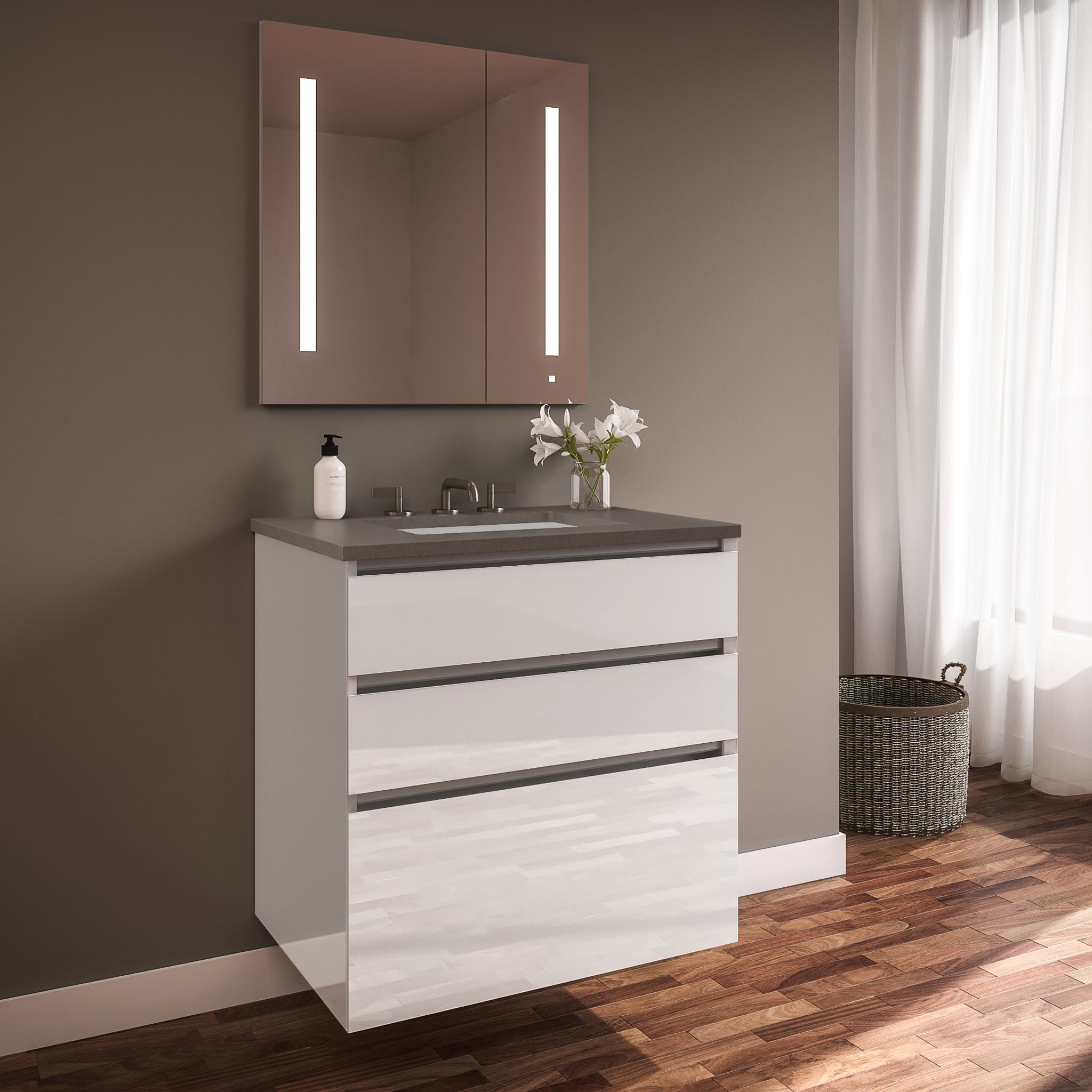 Robern 24219100nb00003 White Glass Vanity With Stone Gray Top