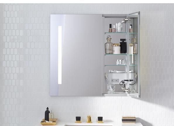 Robern AC3030D4P2L Mirrored AiO 30 x 30 x 4 Double Door Medicine Cabinet with Large Door at Left Task Lighting and Interior Illumination FaucetDirect