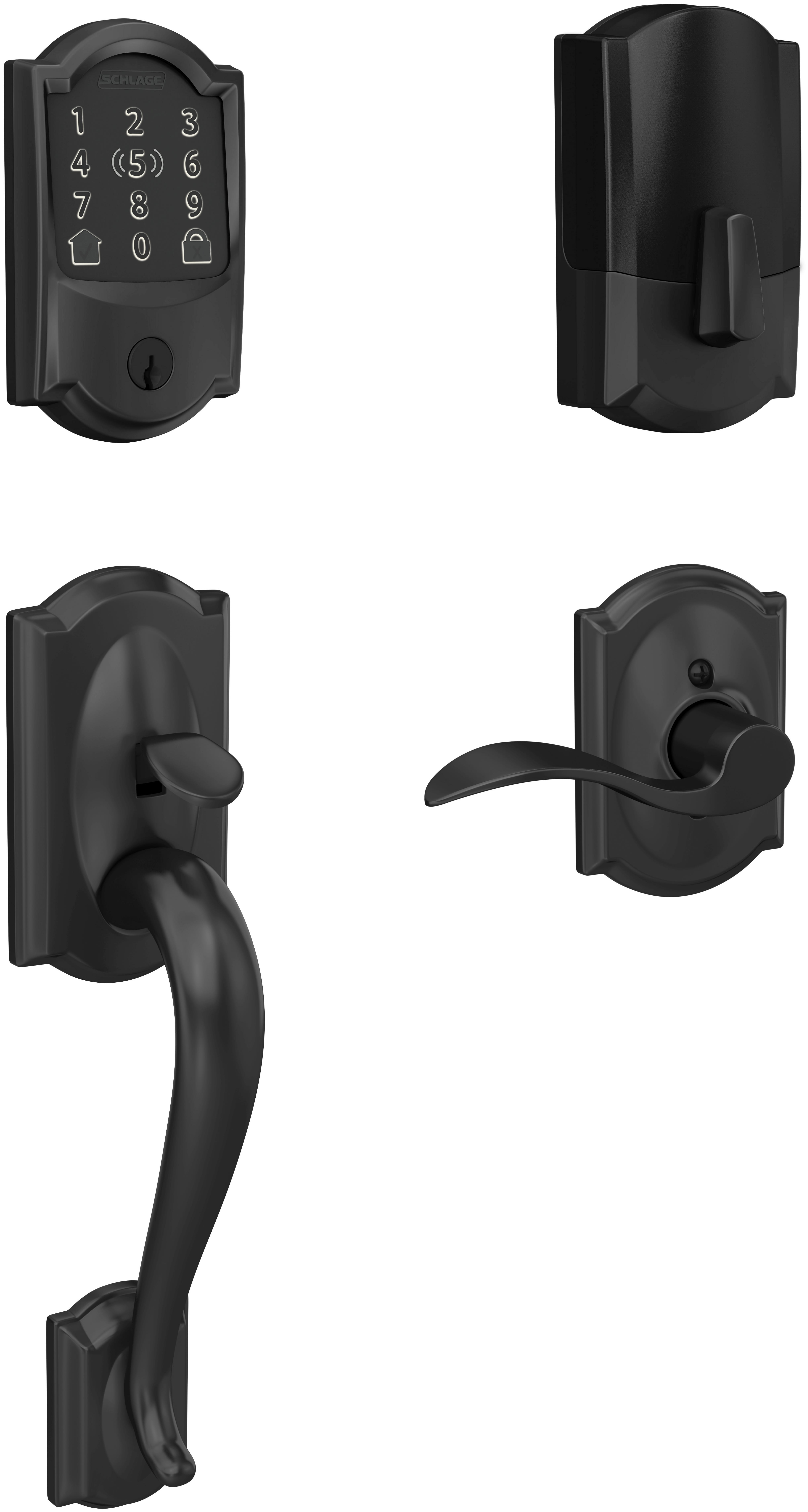 Schlage BE499WBCAM622CAMACCLH Matte Black Encode Plus Camelot Left Handed  Sectional Electronic Keyless Entry Handleset with Accent Interior Lever and  Decorative Camelot Trim