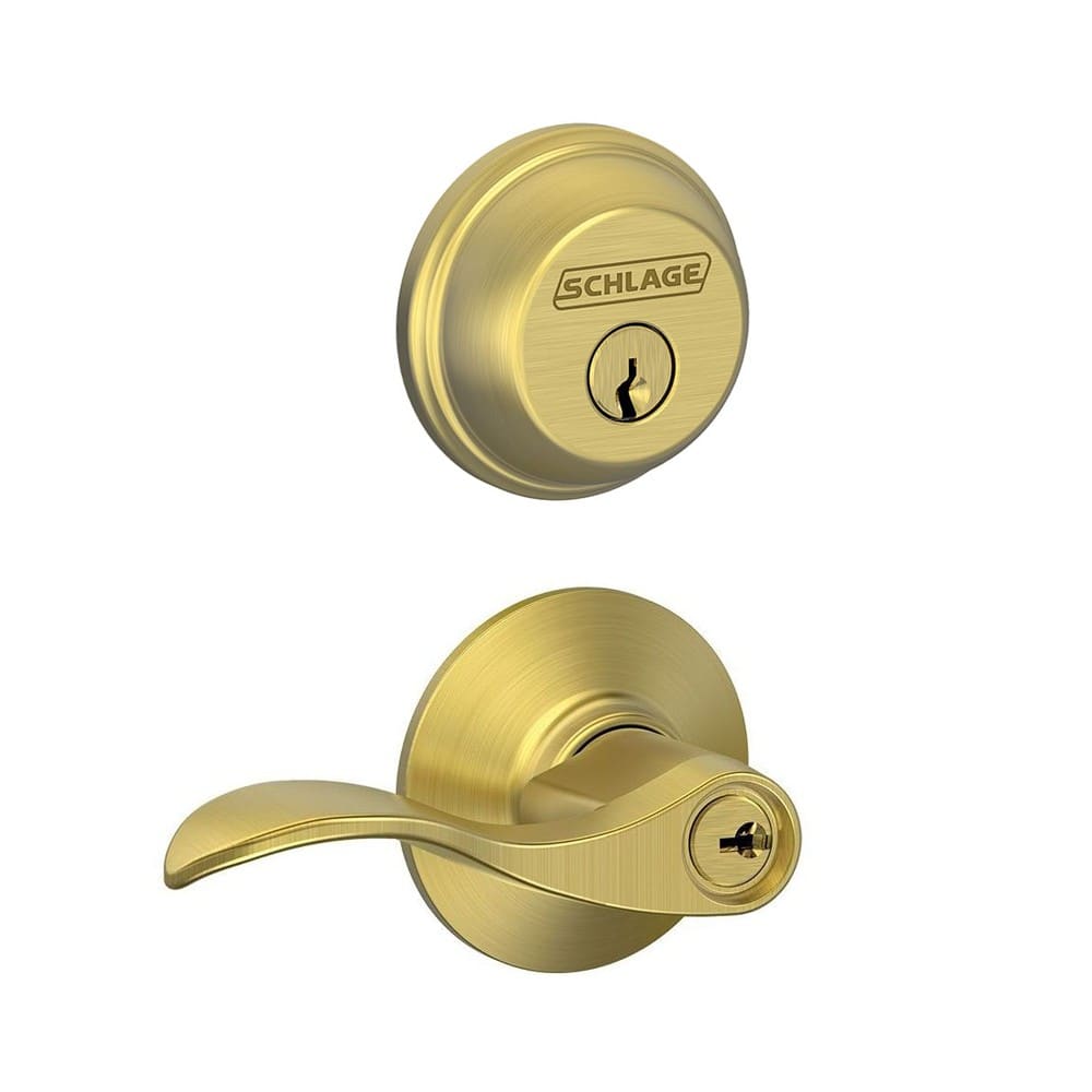 Schlage FB50ACC608 Satin Brass Accent Single Cylinder Keyed Entry Door Lever  Set and Deadbolt Combo 