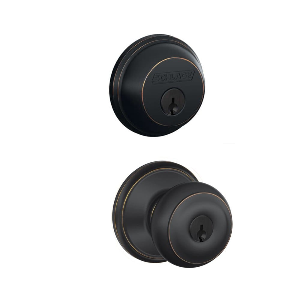 Schlage FB50GEO619 Satin Nickel Georgian Single Cylinder Keyed Entry Door  Knob Set and Deadbolt Combo 