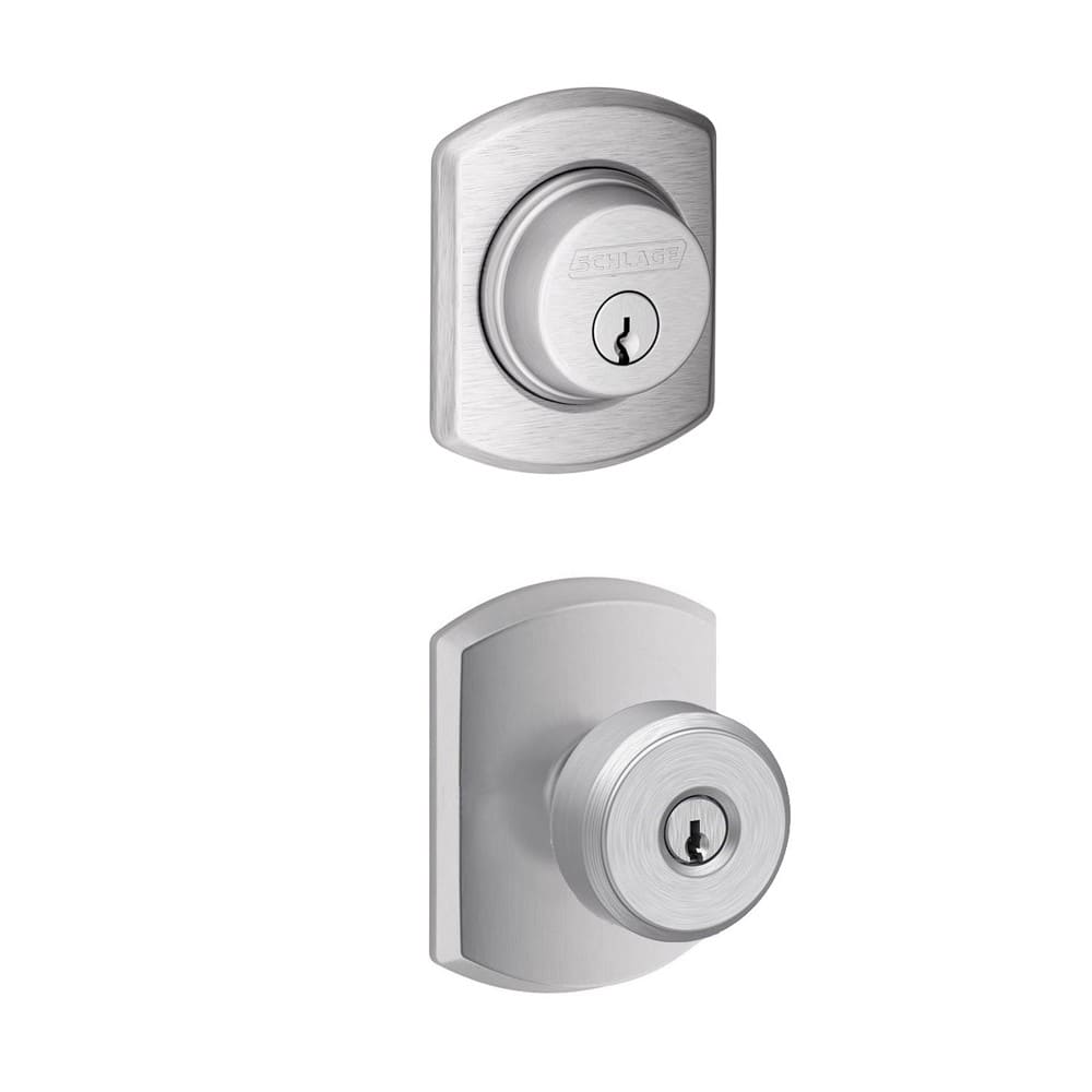 Schlage FB50GRWBWEGRW619 Satin Nickel Bowery Single Cylinder Keyed Entry  Door Knob Set and Greenwich Deadbolt Combo with Greenwich Rose 