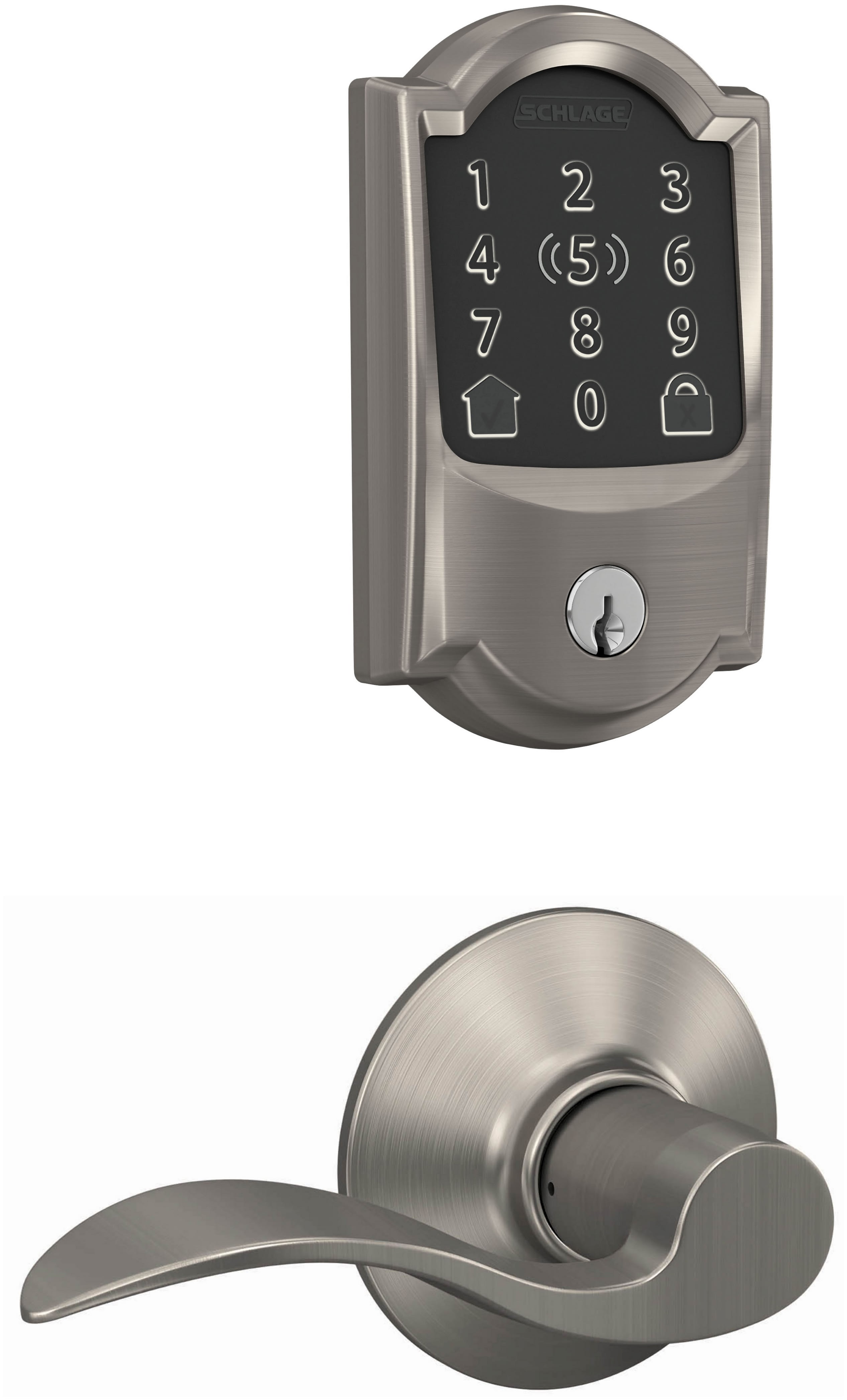 Schlage FBE499WBCAMACC619 Satin Nickel Encode Plus Camelot Electronic  Keyless Entry Deadbolt Combo Pack with Accent Interior Lever and Decorative  Plymouth Trim