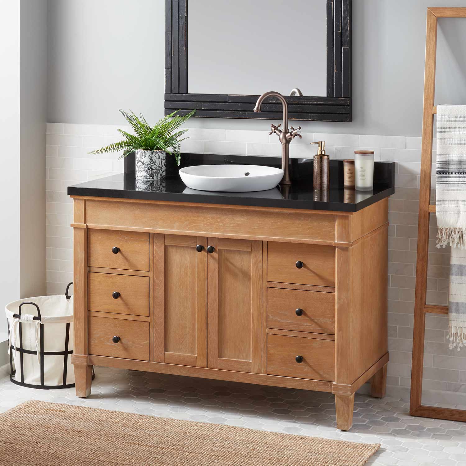 Vanity Set With Solid Oak Wood Cabinet, 48 Vanity Top With Sink On Right Side