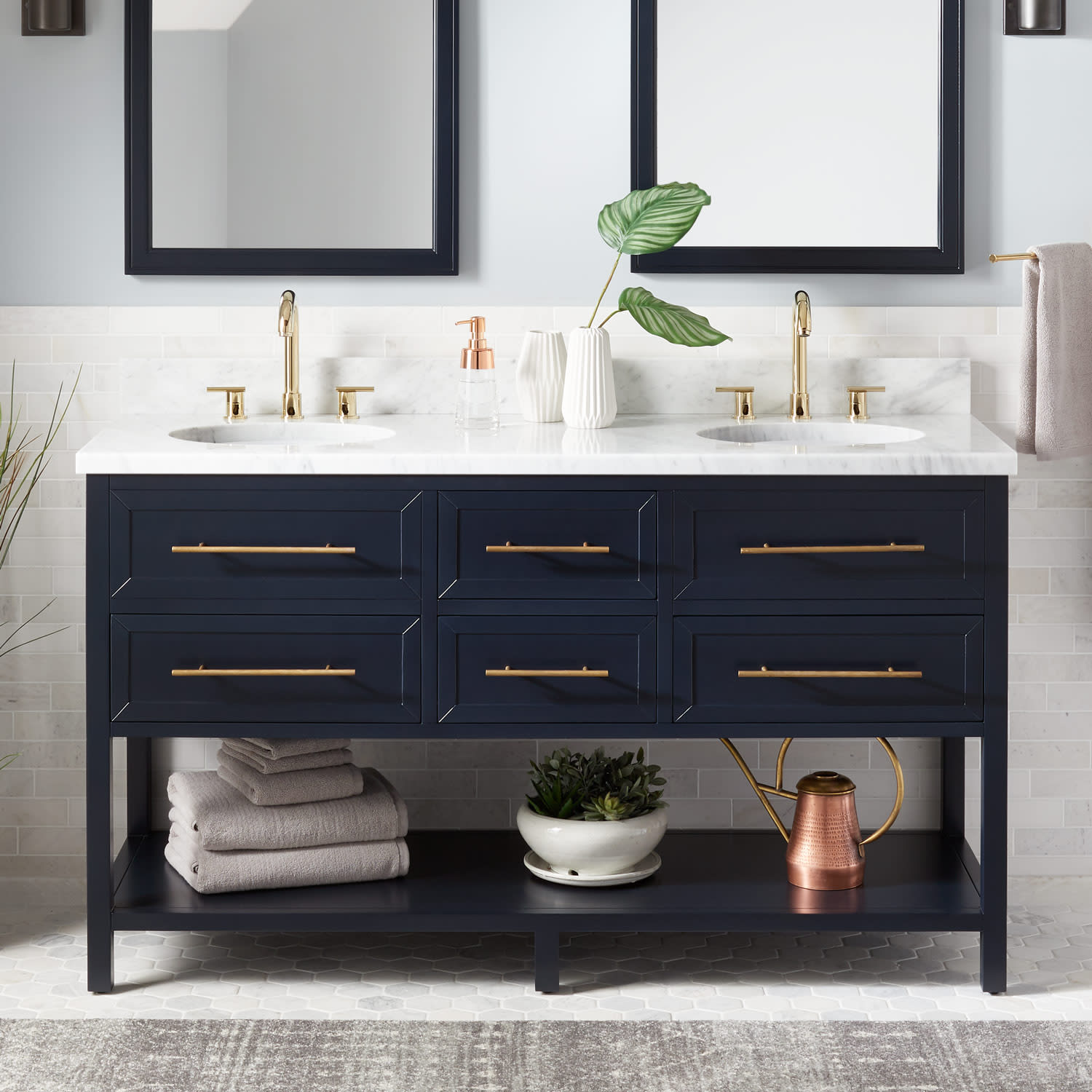 Signature Hardware 433839 Midnight Navy Blue Robertson 60 Mahogany Wood Double Vanity Cabinet Choose Your Vanity Top And Sink Configuration Faucet Com