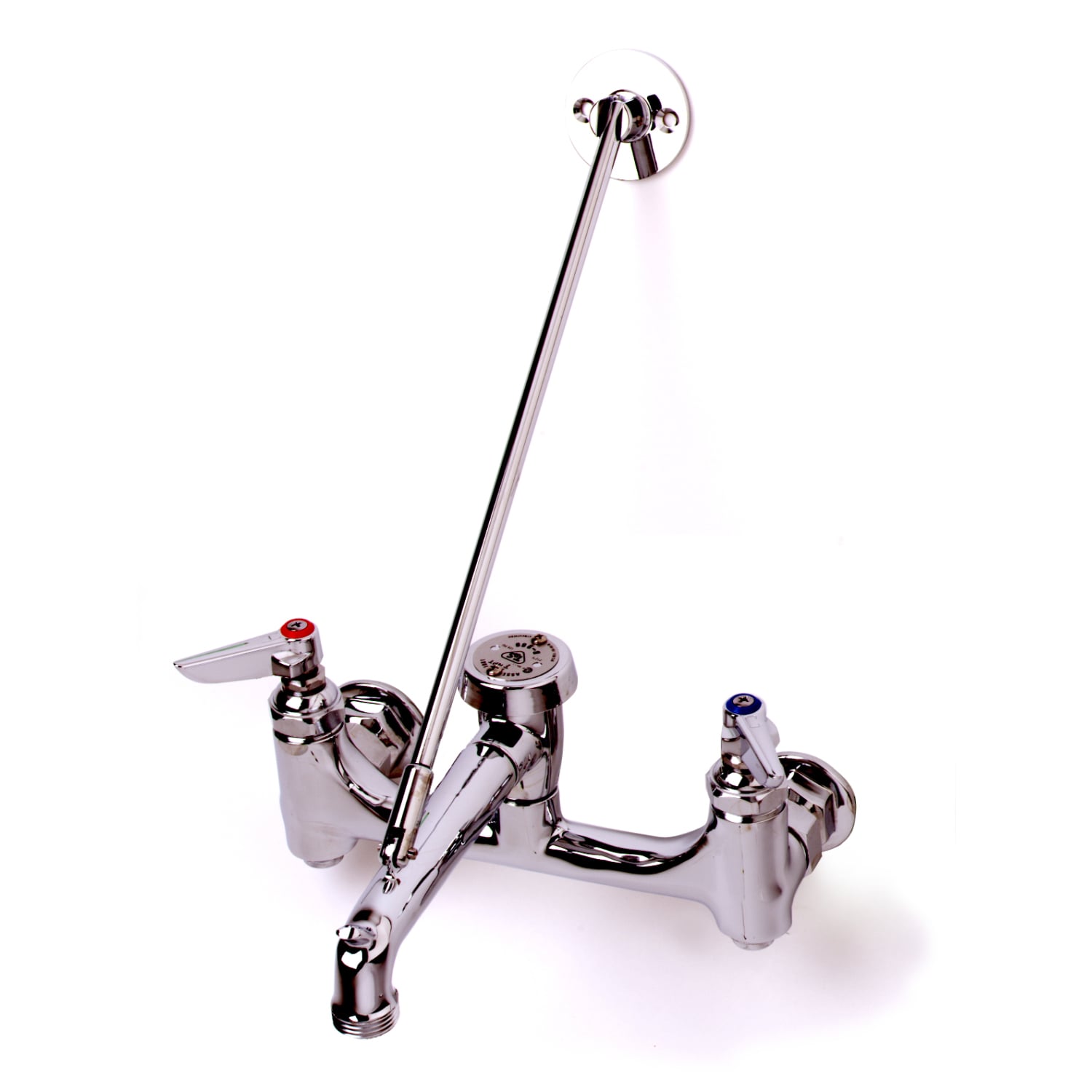 T And S Brass B 0665 Bstp Polished Chrome Wall Mounted Service Sink Faucet With 8 Centers Built In Stops Vacuum Breaker Garden Hose Outlet Upper Wall Support And Lever Handles Faucet Com