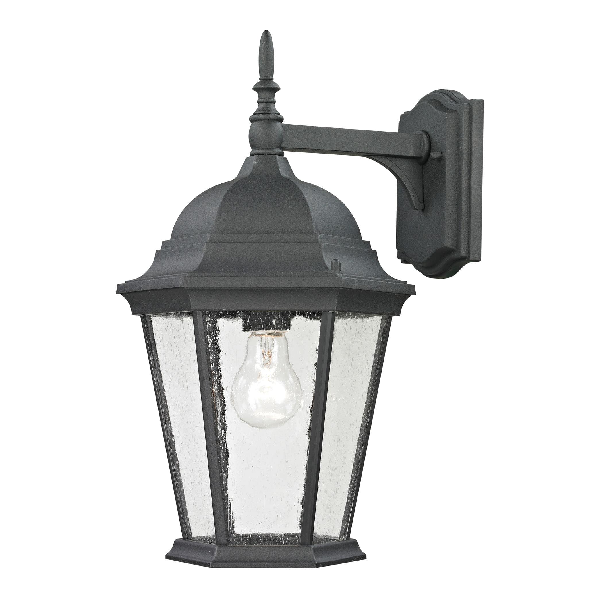Thomas Lighting 8101ew 65 Matte Textured Black Temple Hill Single Light 18 Tall Outdoor Wall Sconce With Clear Seeded Glass Shade Lightingdirect Com Light 18 Tall Outdoor Wall Sconce, 1 Light Black 18 75 In Outdoor Wall Lantern Sconce With Seeded Glass