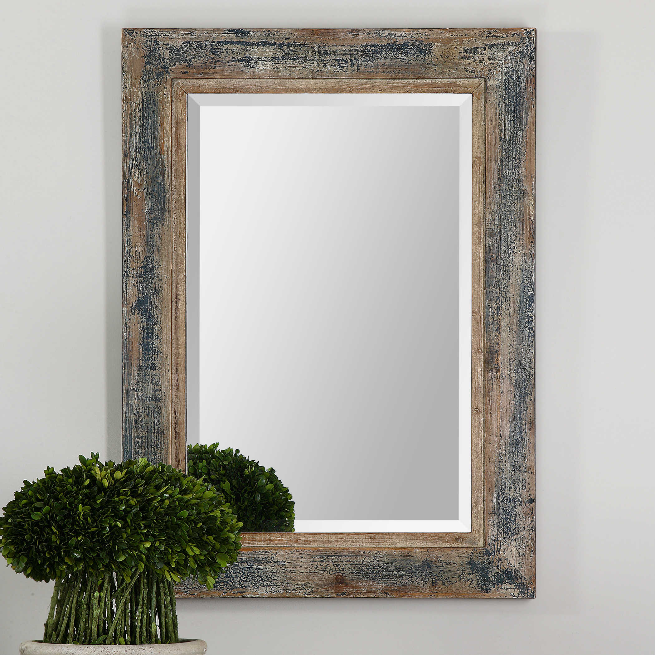 Coastal Wood Framed Wall Mirror, Blue Distressed Wood Mirror