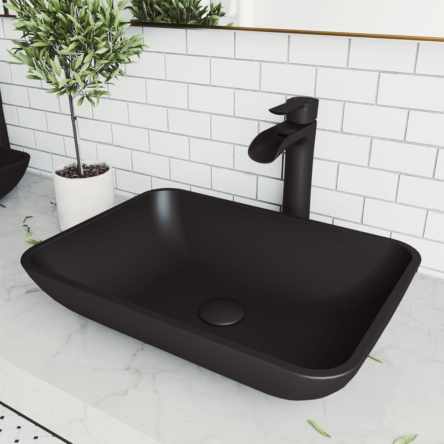 Vigo Vgt1434 Matte Black Sottile 18 Vessel Bathroom Sink With 1 2 Gpm Deck Mounted Bathroom Faucet And Pop Up Drain Assembly Faucetdirect Com