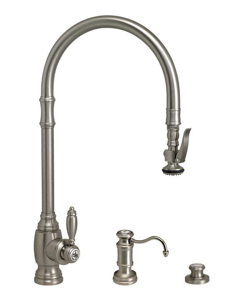 Waterstone 5500-3-SN Satin Nickel Annapolis 1.75 GPM Single Hole Extended  Reach Pull Down Kitchen Faucet with Lever Handle Includes Soap Dispenser  and Air Switch