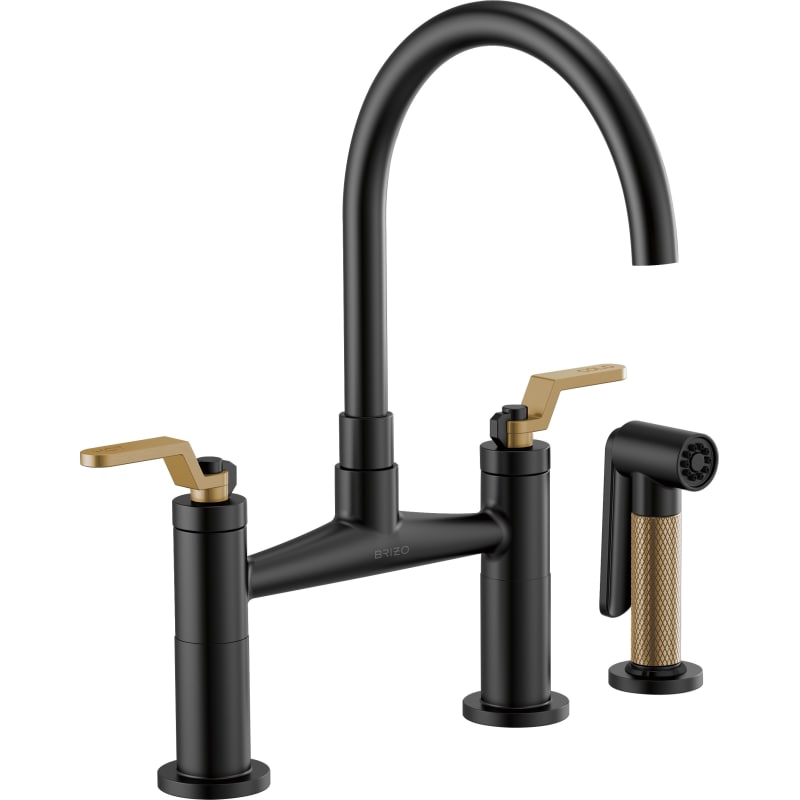 Brizo 62544LF Litze Double Handle Arc Spout Bridge Kitchen Faucet with Industria Matte Black / Luxe Gold Faucet Kitchen Double Handle