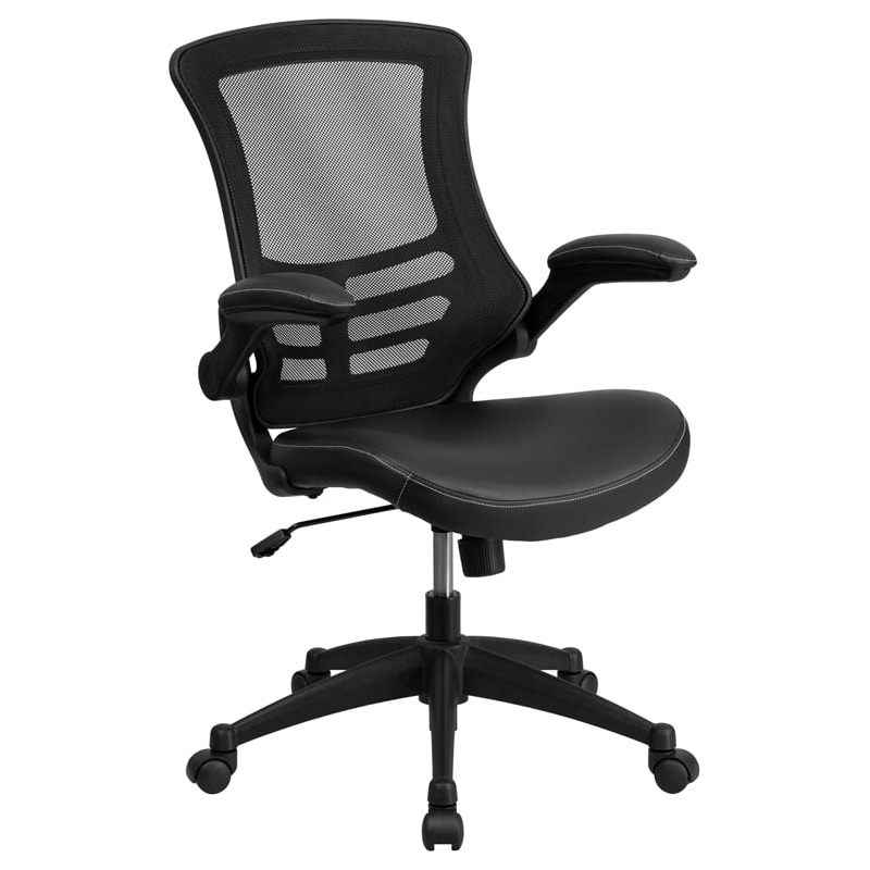Delacora FF-BL-X-5M-LEA 25" Wide Mesh Back Ergonomic Swivel Office Chair with Leather Blend Seat Black Indoor Furniture Chairs Office