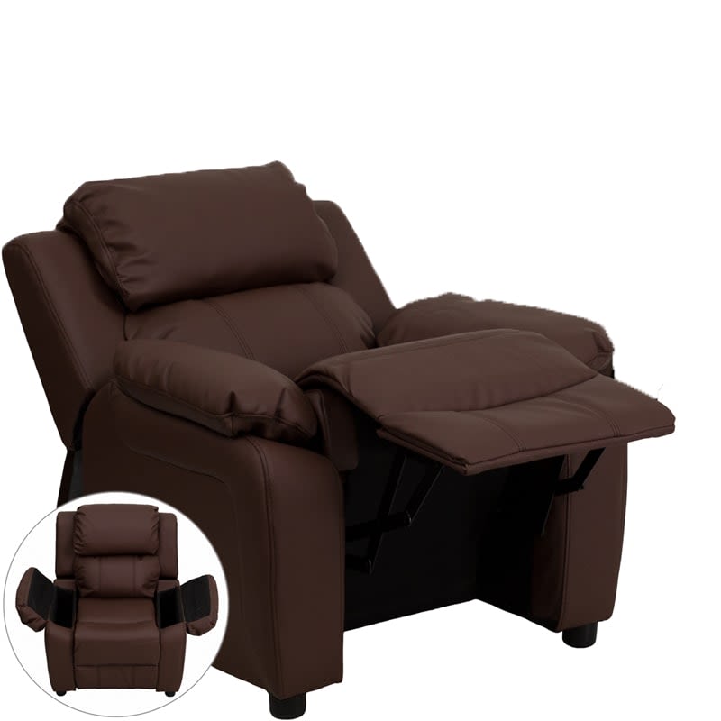 Delacora FF-BT-7985-KID-LEA 28 Inch Tall Wood Framed LeatherSoft Standard Fixed Leg Children's Recliner Brown Indoor Furniture Chairs Recliner