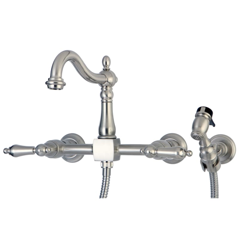 Kingston Brass KS1268ALBS Heritage Wall Mount Bridge Kitchen Faucet with Brass Sprayer  Brushed Nickel