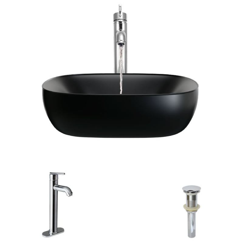 Rene R2-5032-MB-R9-7001 Porcelain Vessel Bathroom Sink with Faucet and Pop-Up Drain Matte Black / Chrome Fixture Lavatory Sink Combination