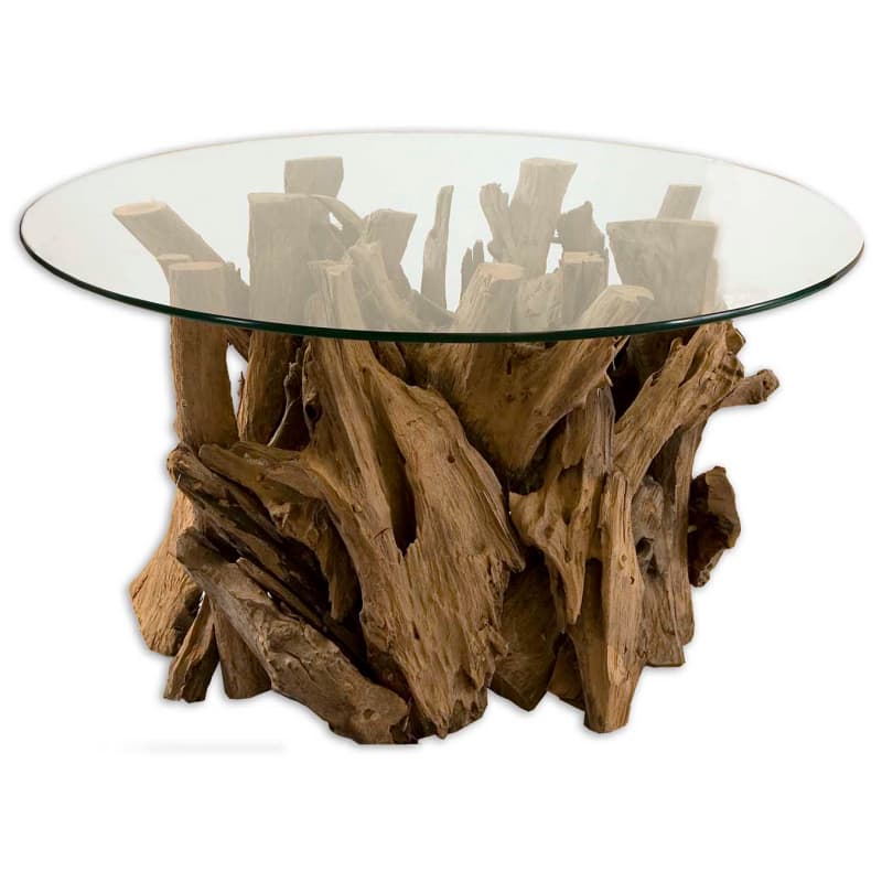 Uttermost 25519 Driftwood 36" Diameter Glass Top Cocktail Table by Matthew Williams Natural Wood Indoor Furniture Tables Coffee