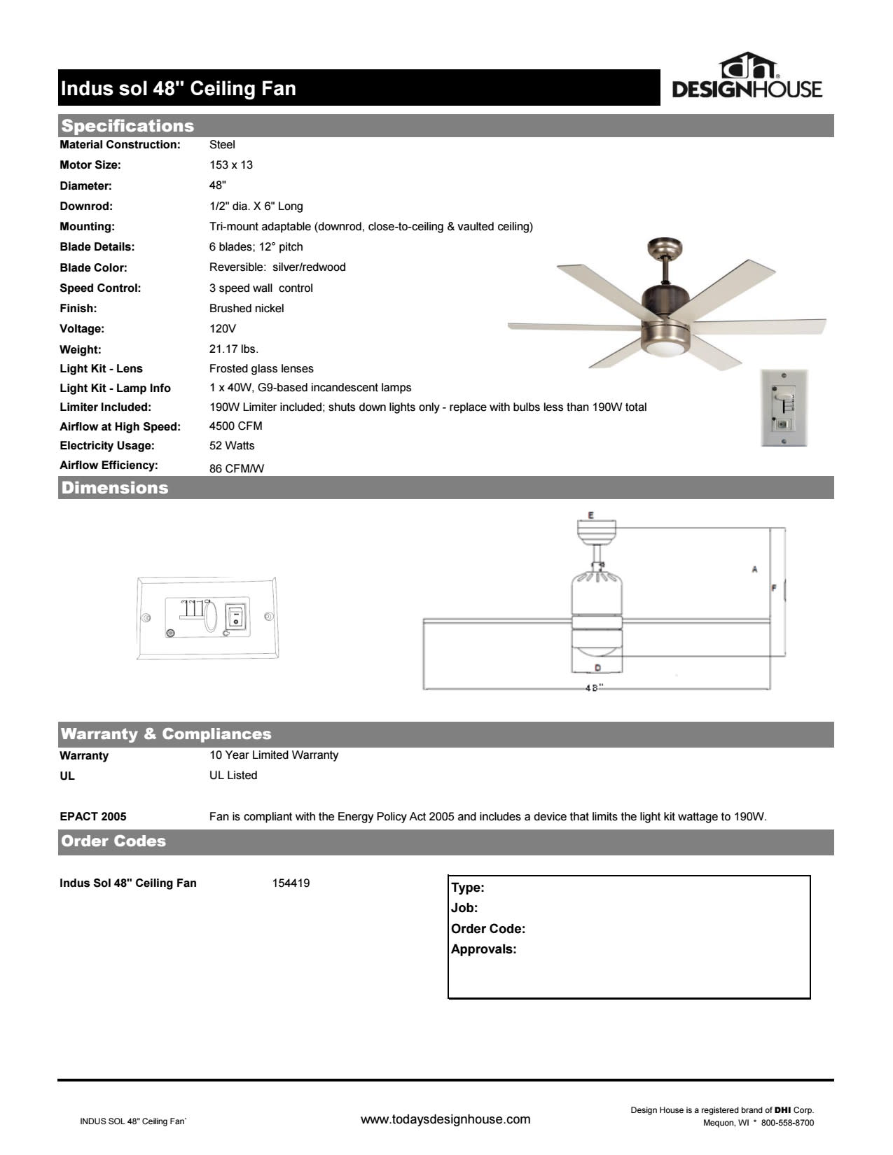 Details About Design House 154419 Indus Sol 48 6 Blade Indoor Ceiling Fan Nickel