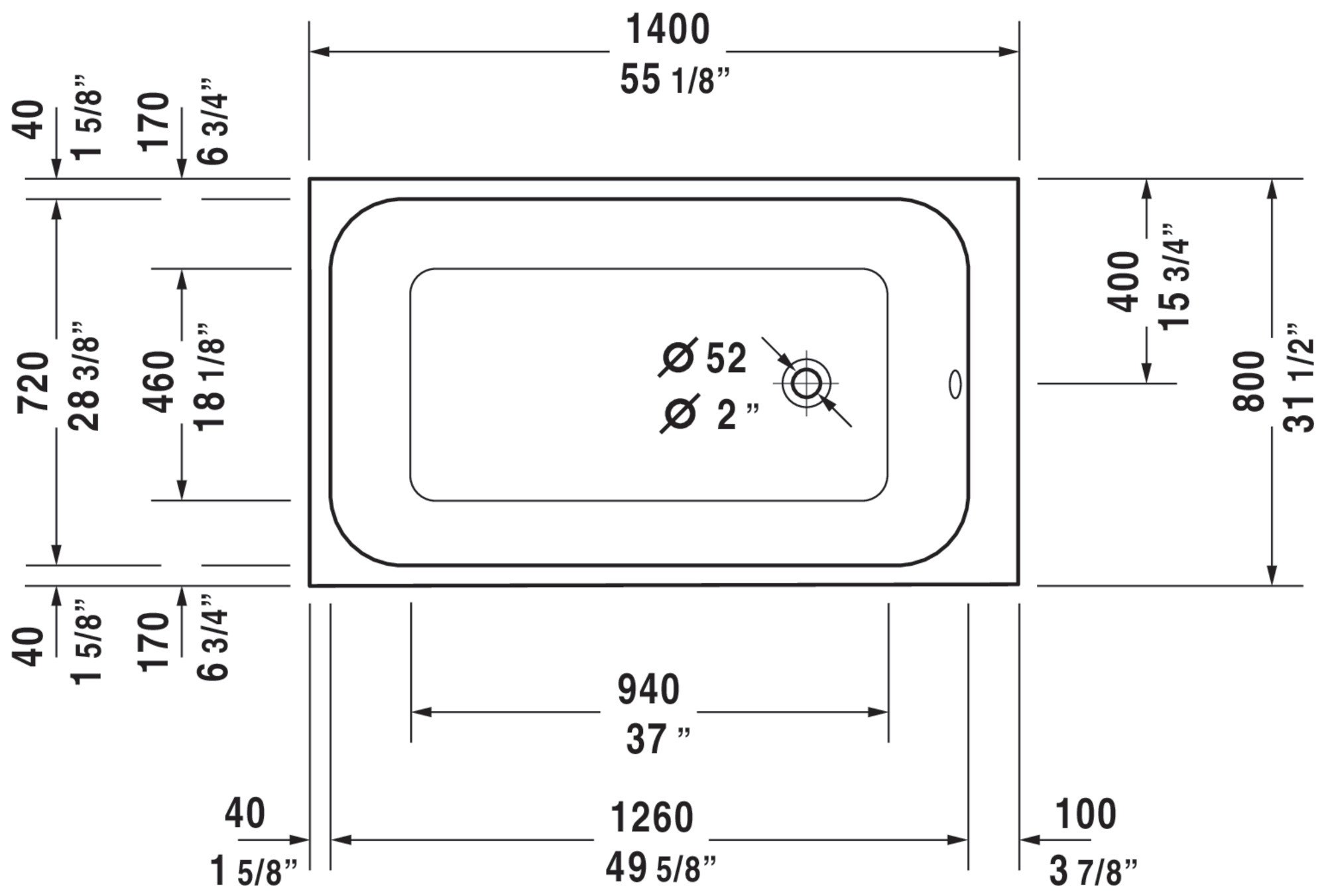 Duravit 700233R DuraStyle 55" Drop In Acrylic Soaking Tub White