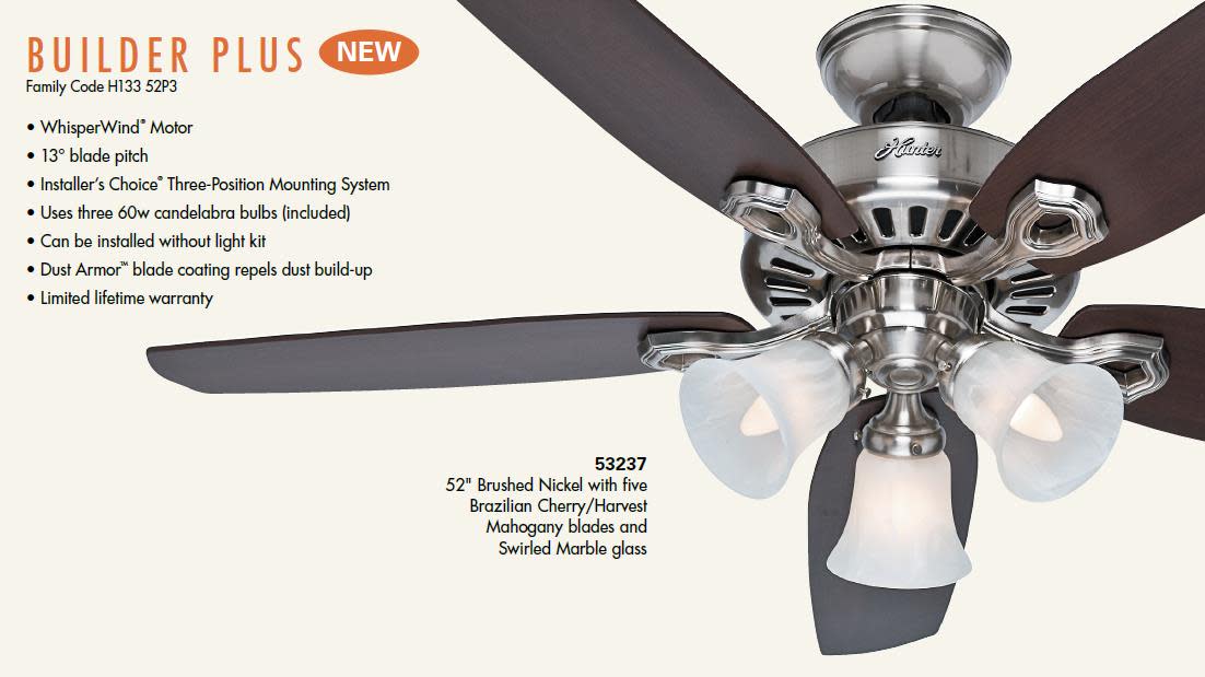 Details About Hunter Builder Plus 52 Indoor Ceiling Fan 5 Reversible Blades Led Light Kit