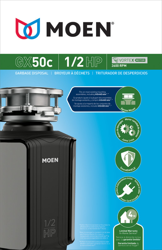 Moen GX50C GX 1/2 HP Continuous Garbage Disposal, Vortex Motor & Power