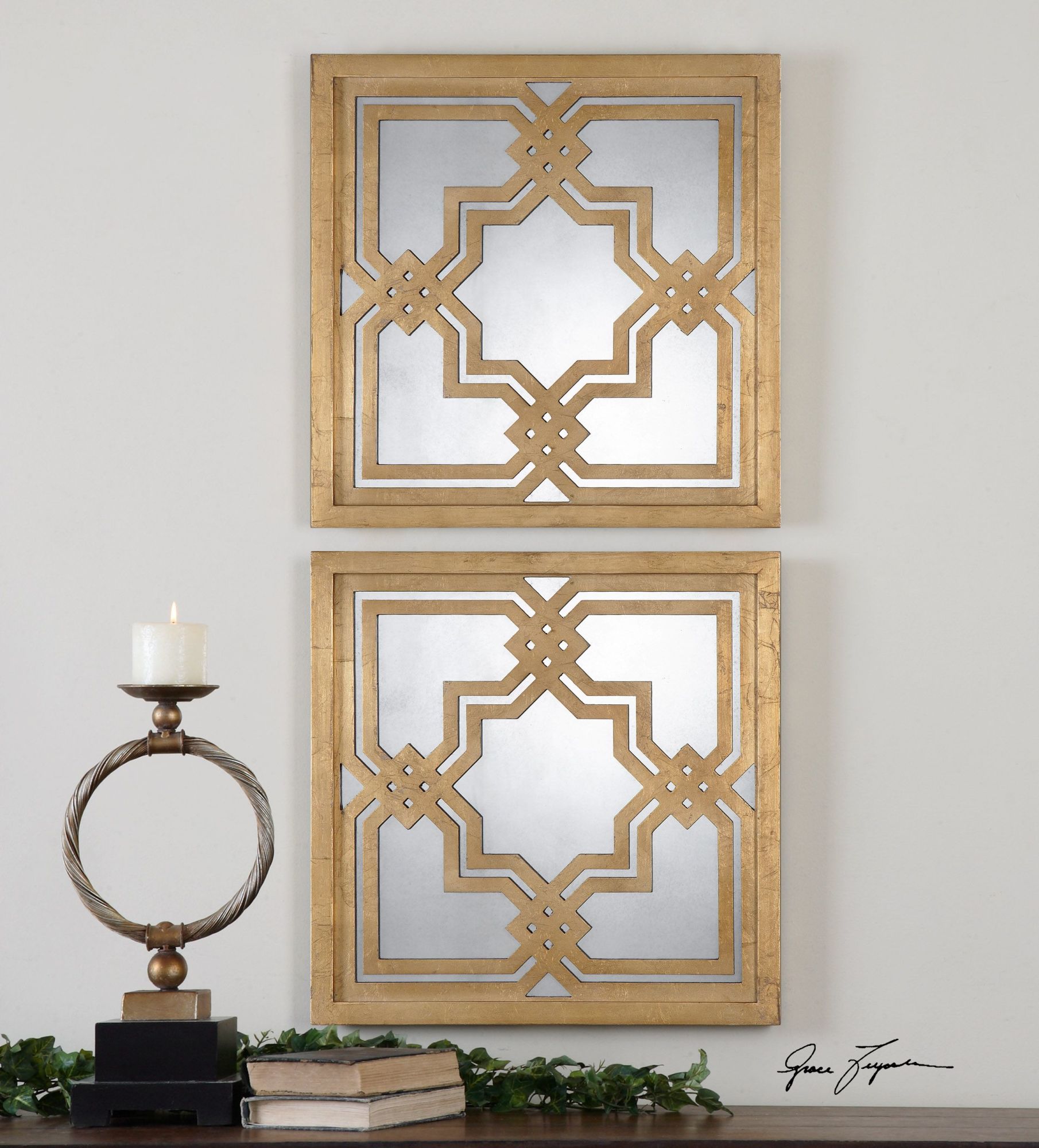 Uttermost 13865 Gold Piazzale Squares Arabesque Square Mirrors, Set Of