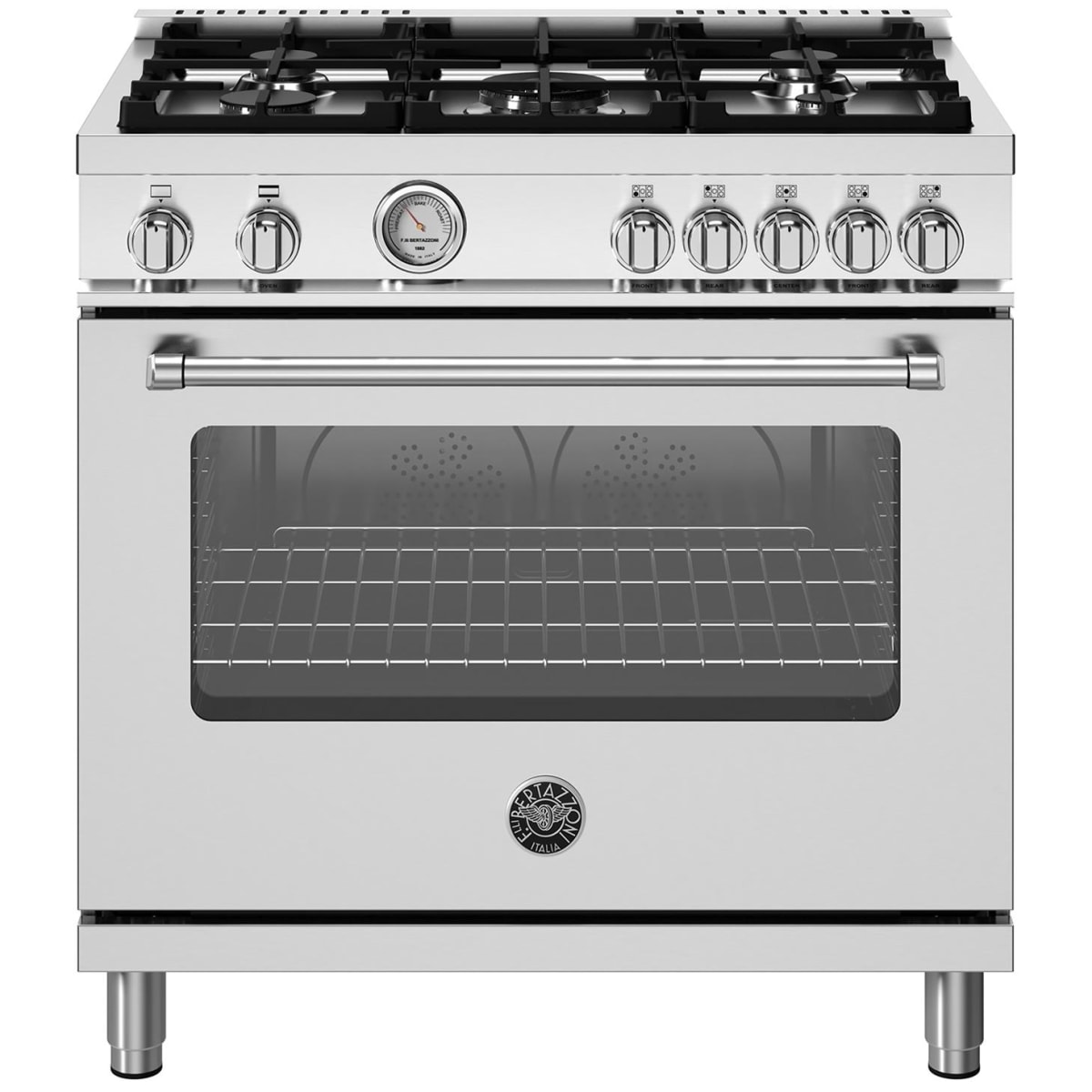 Bertazzoni MAST365GASXELP 36 Inch Freestanding Gas Range with 5 Sealed  Burners, 5.9 cu. ft. Oven Capacity, Continuous Grates, Dual Convection Fan,  Temperature Gauge Monitors, Infrared Gas Broiler, Soft-Motion Door, and CSA  Certified