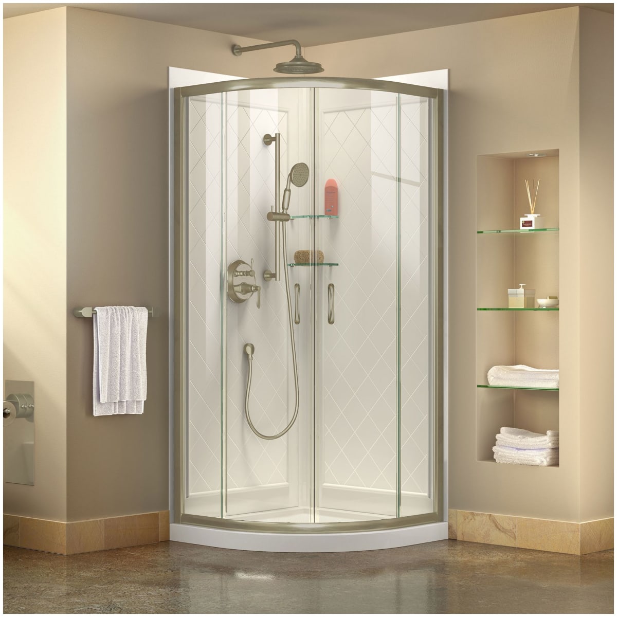 Dreamline Prime 33 In D X W 76 3 4 H Clear Sliding Shower Enclosure Chrome With White Acrylic Base And Backwall Dl 6152 01cl, Corner Shower Round Sliding Door