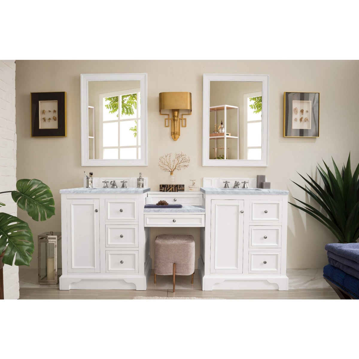 86 White Freestanding Double Sink Bathroom Vanity Set with Makeup Table  Marble Top