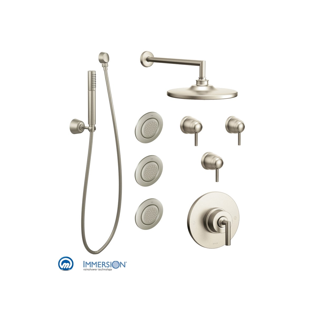 Moen 776BN Brushed Nickel Thermostatic Shower System with Rain Shower, 3  Volume Controls, 4 Body Sprays, and Hand Shower with Slide Bar (Valves  Included) 